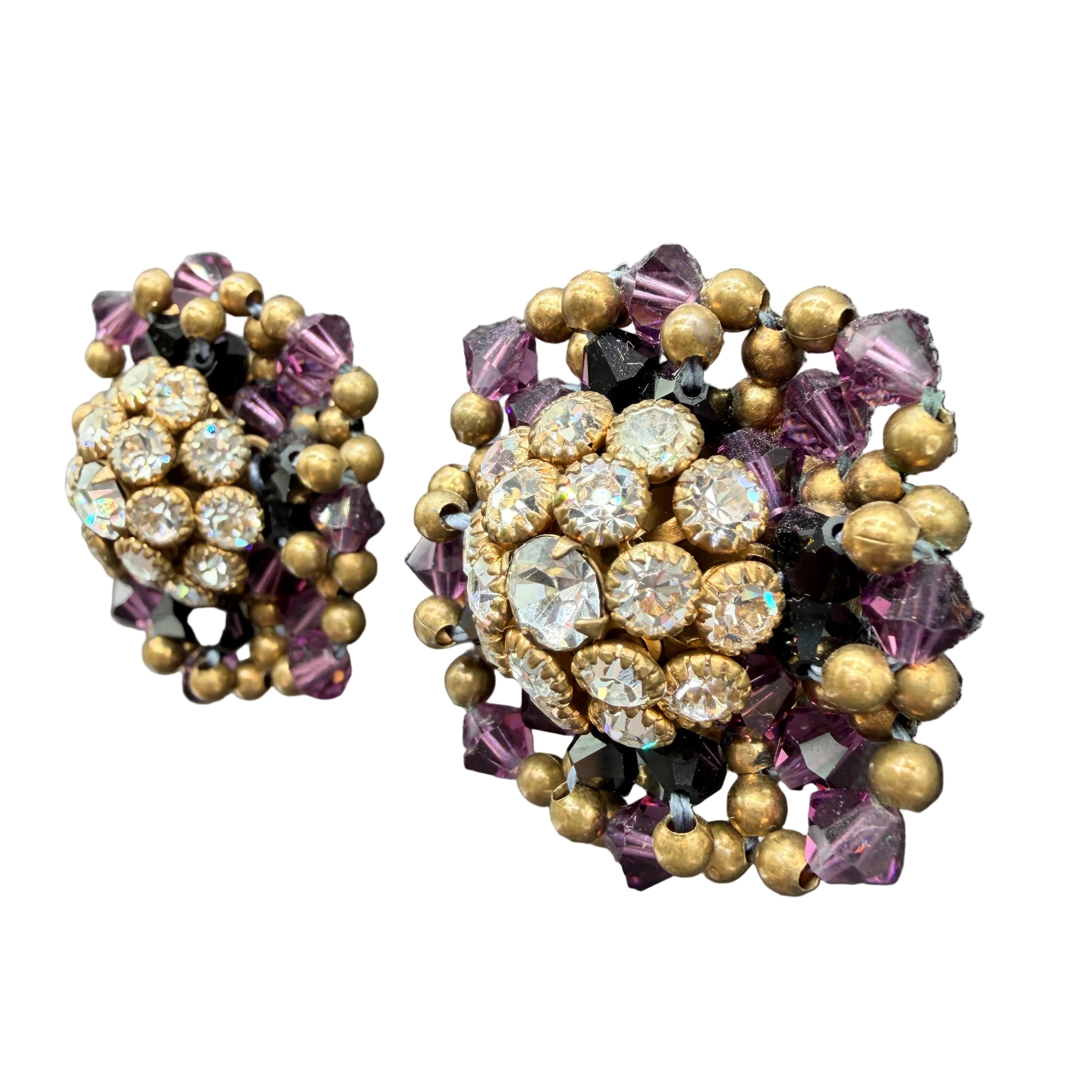1950s Austrian Crystal & Brass Bead Woven Clip Earrings with Rhinestone Centers