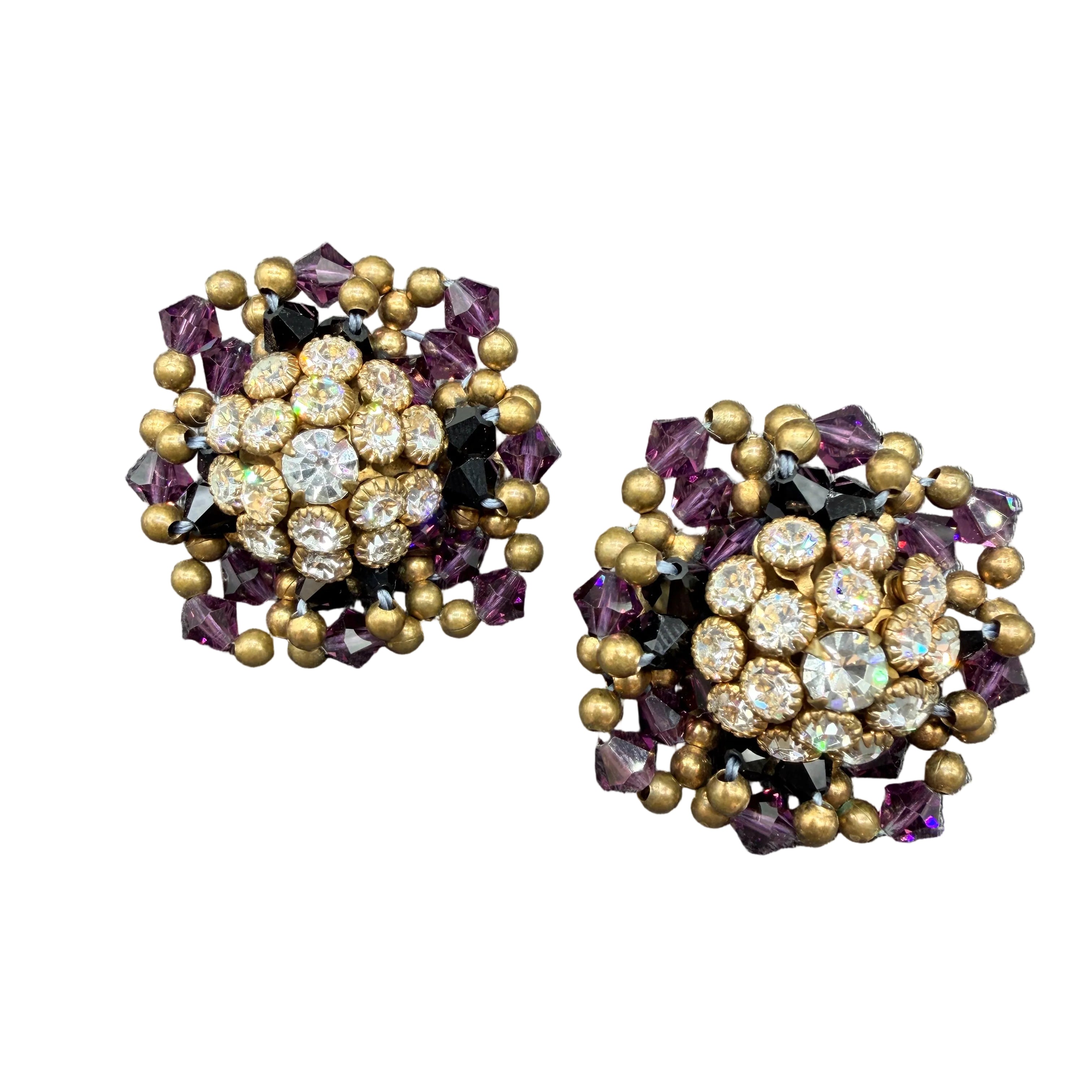 1950s Austrian Crystal & Brass Bead Woven Clip Earrings with Rhinestone Centers
