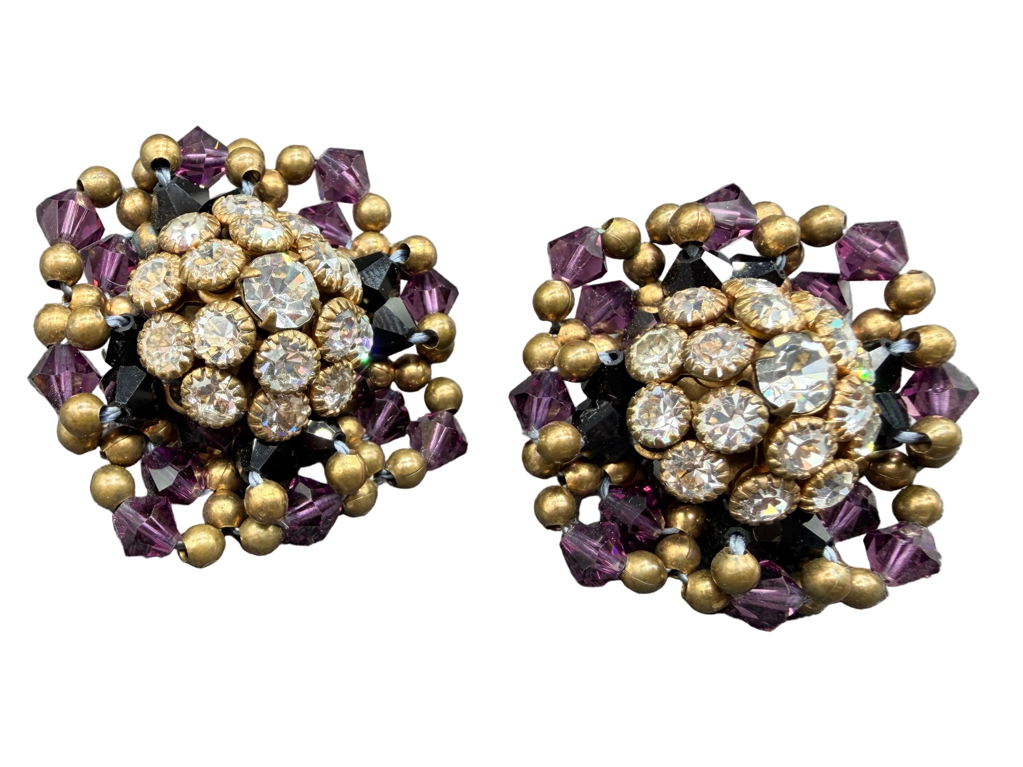 1950s Austrian Crystal & Brass Bead Woven Clip Earrings with Rhinestone Centers