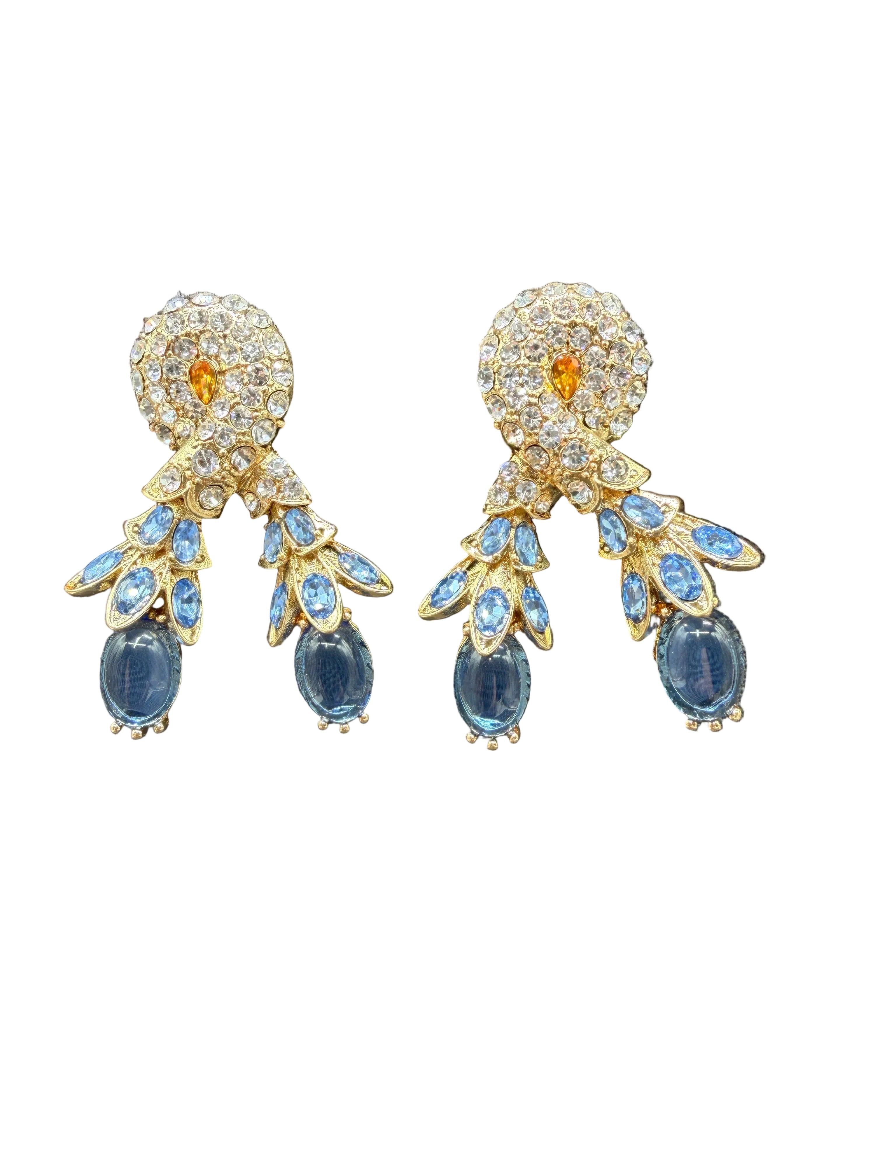 Rare Catwalk by Jon Gold-Tone Twisted Earrings with Crystal Leaves & Blue Glass Stones