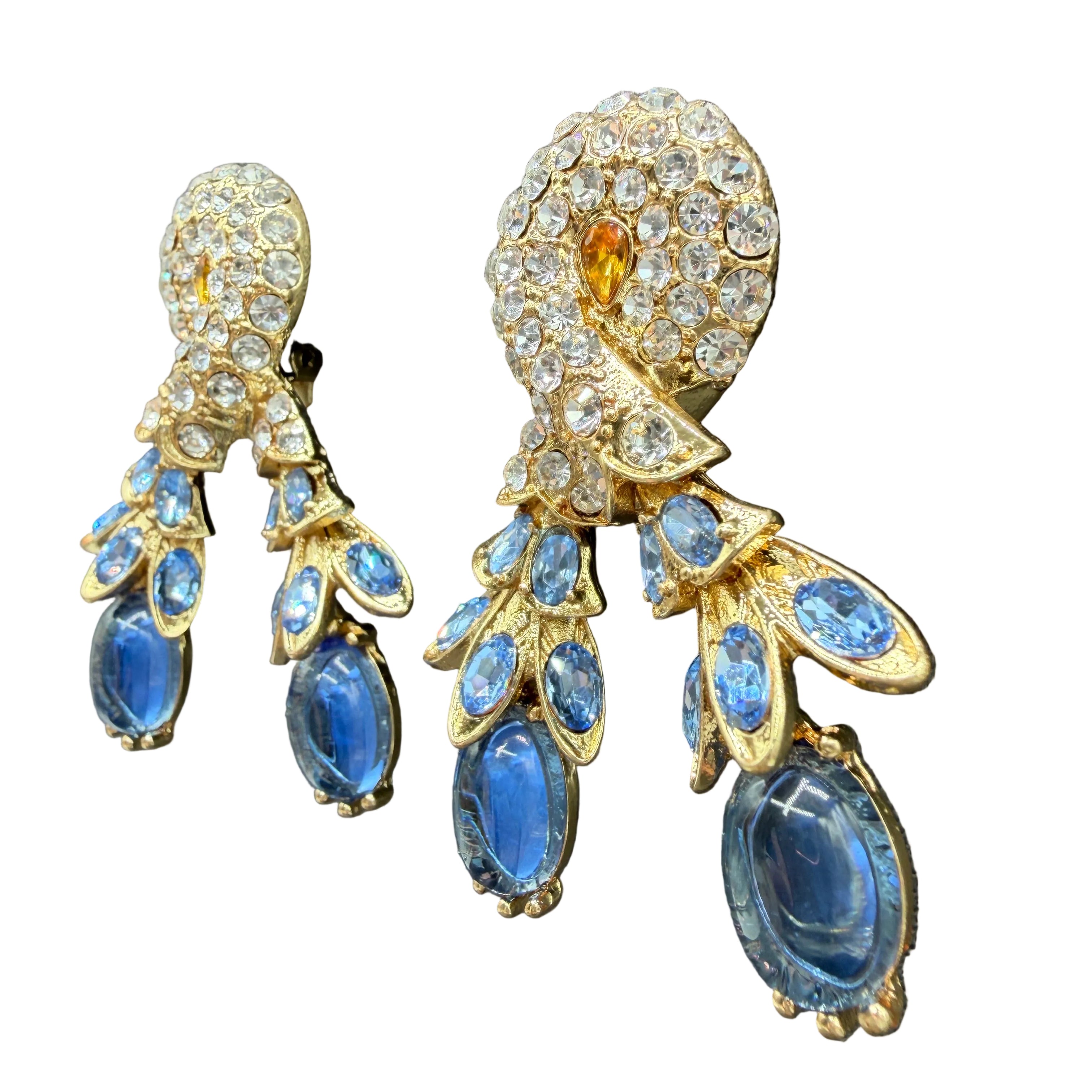 Rare Catwalk by Jon Gold-Tone Twisted Earrings with Crystal Leaves & Blue Glass Stones