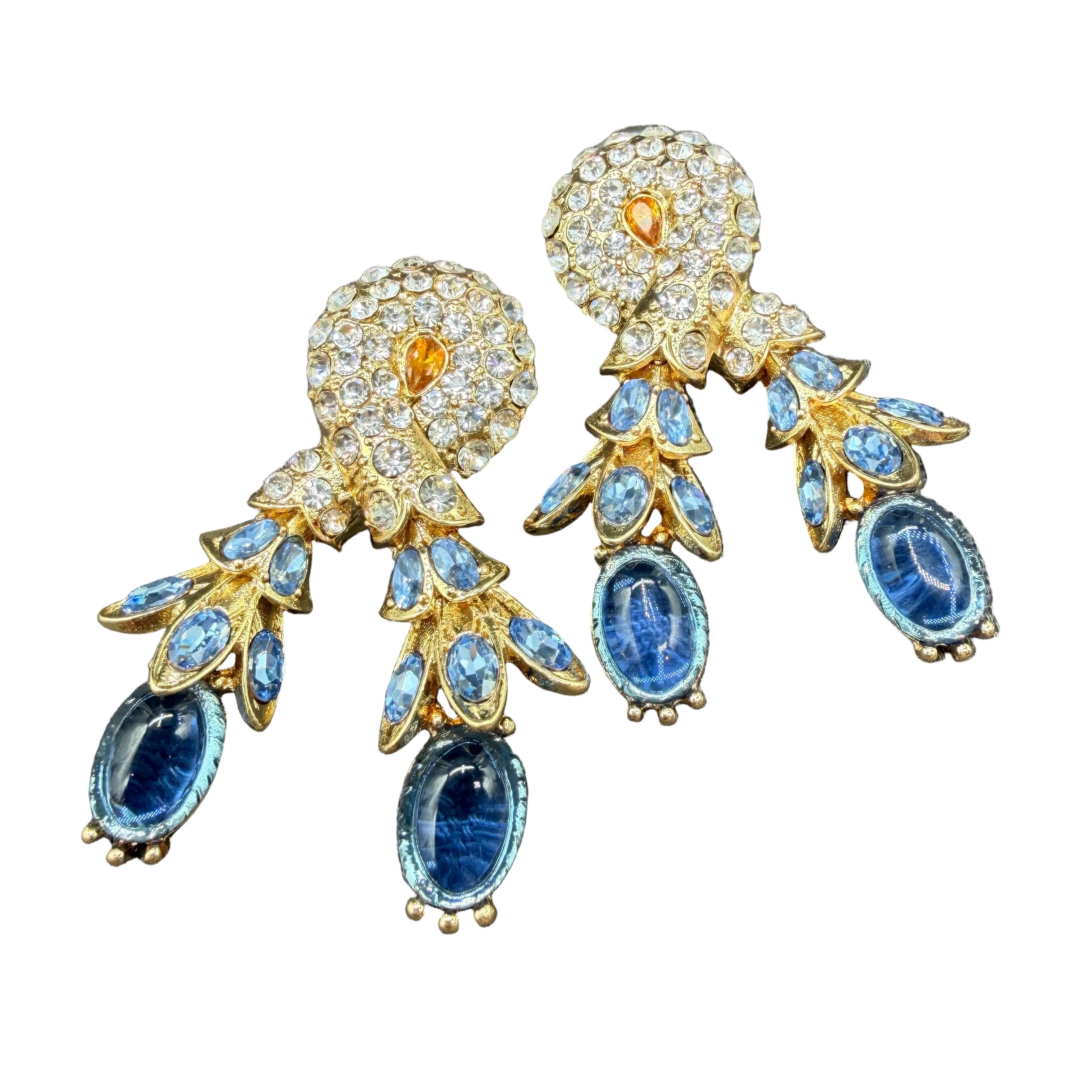 Rare Catwalk by Jon Gold-Tone Twisted Earrings with Crystal Leaves & Blue Glass Stones