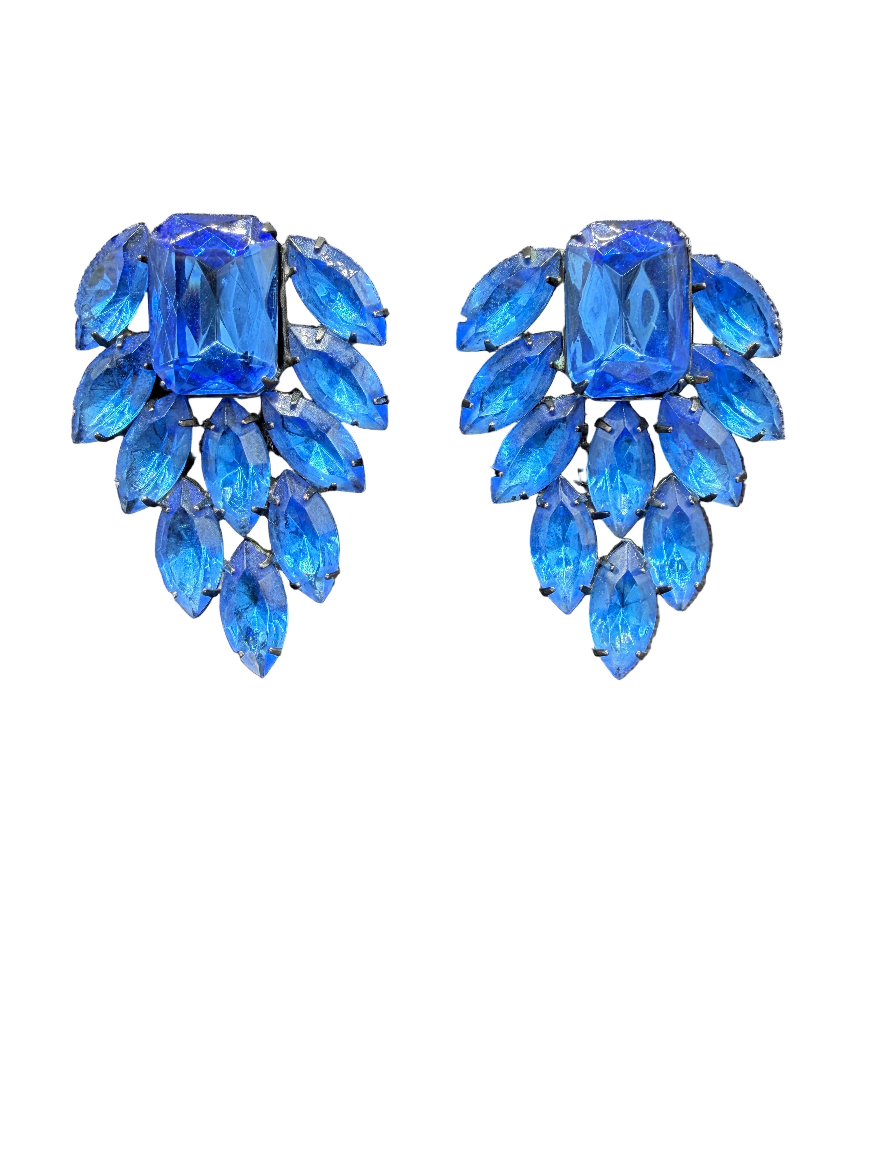 1980s Thelma Deutsch Cobalt Blue Rhinestone Statement Clip Earrings