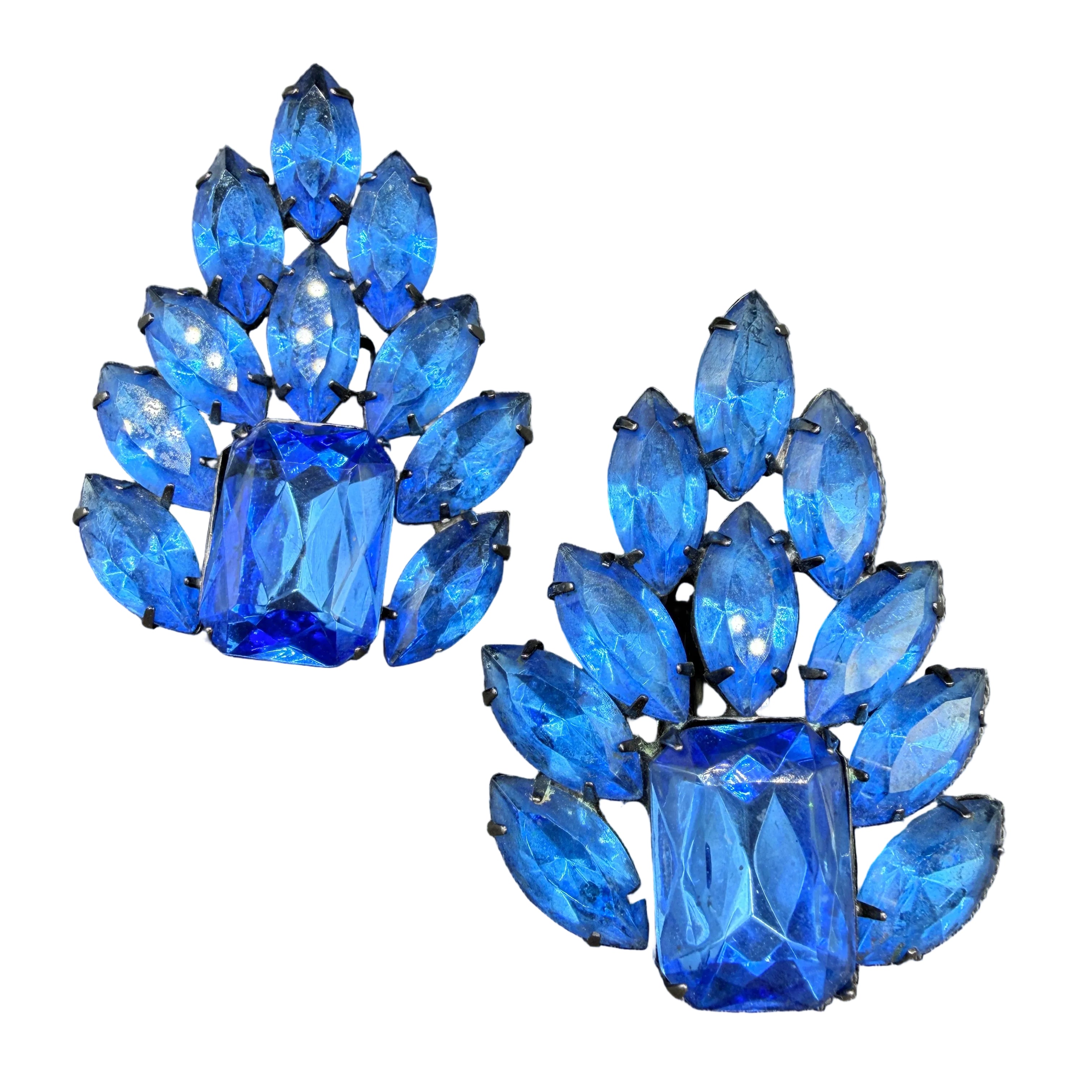 1980s Thelma Deutsch Cobalt Blue Rhinestone Statement Clip Earrings