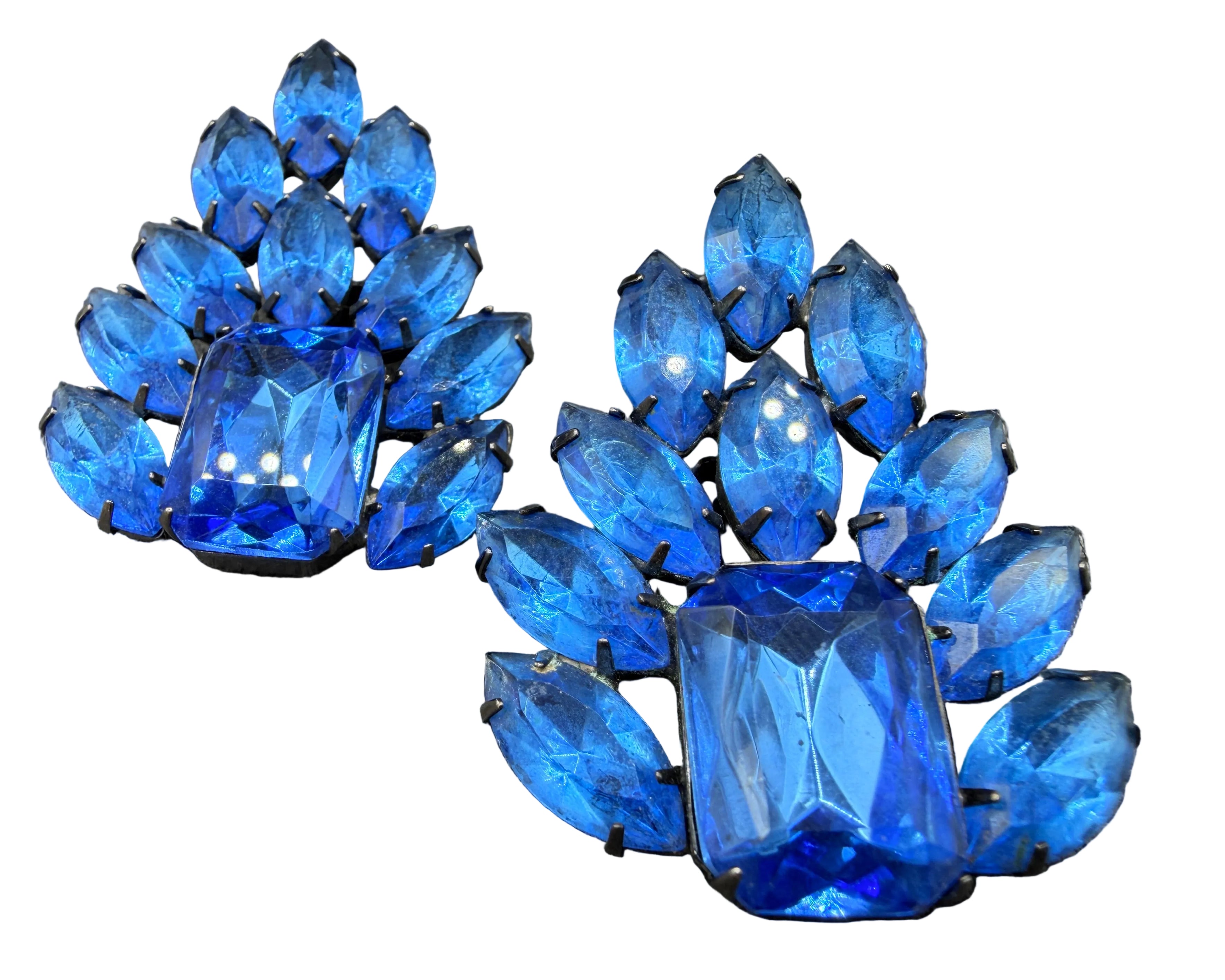 1980s Thelma Deutsch Cobalt Blue Rhinestone Statement Clip Earrings