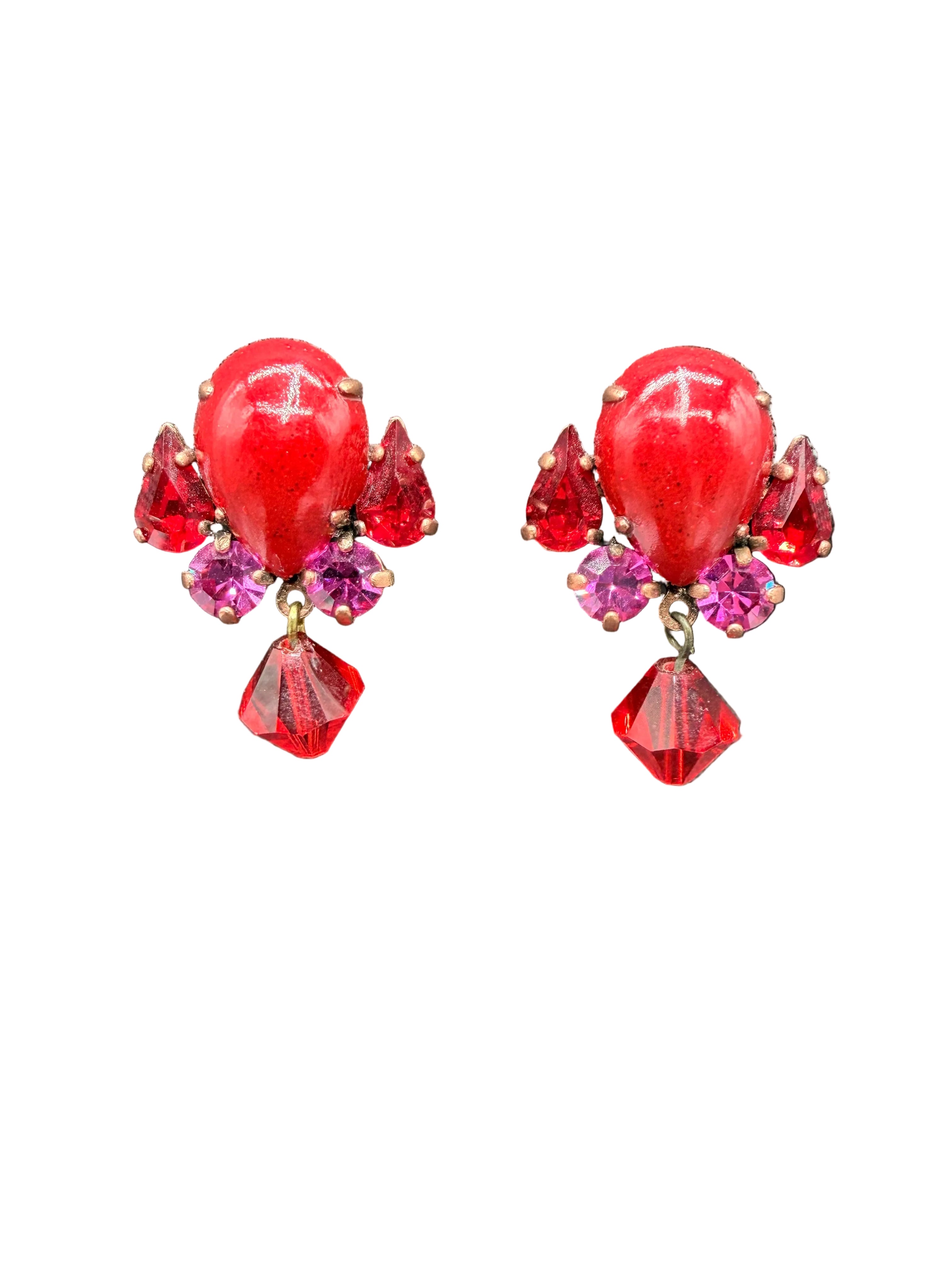 1980s Thelma Deutsch Paris Clip-On Earrings with Red Glitter & Rhinestones