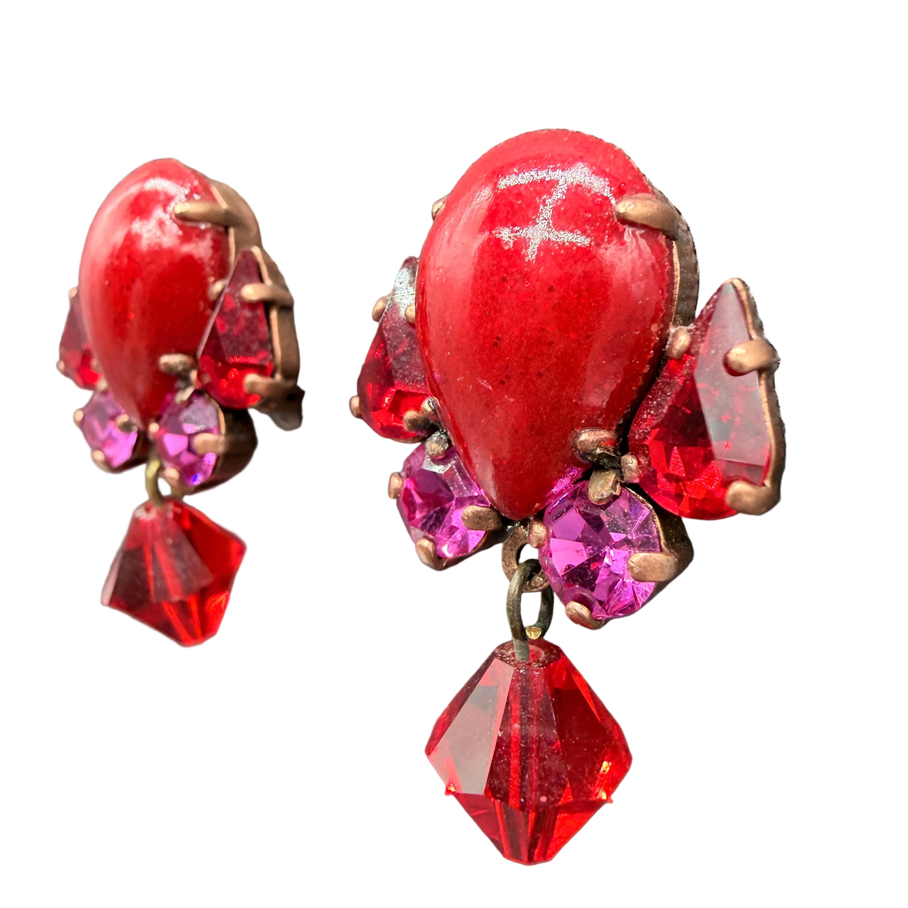1980s Thelma Deutsch Paris Clip-On Earrings with Red Glitter & Rhinestones