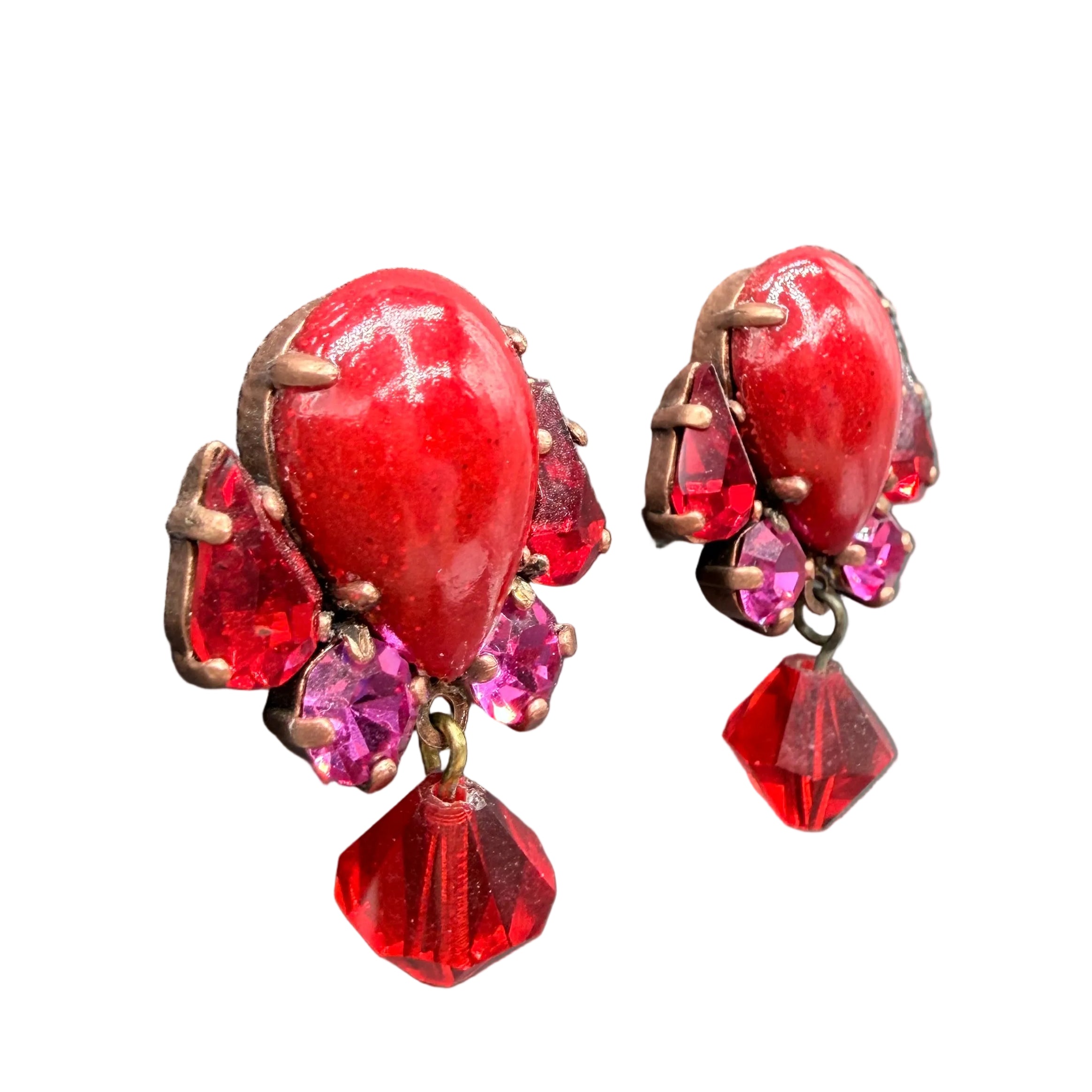 1980s Thelma Deutsch Paris Clip-On Earrings with Red Glitter & Rhinestones