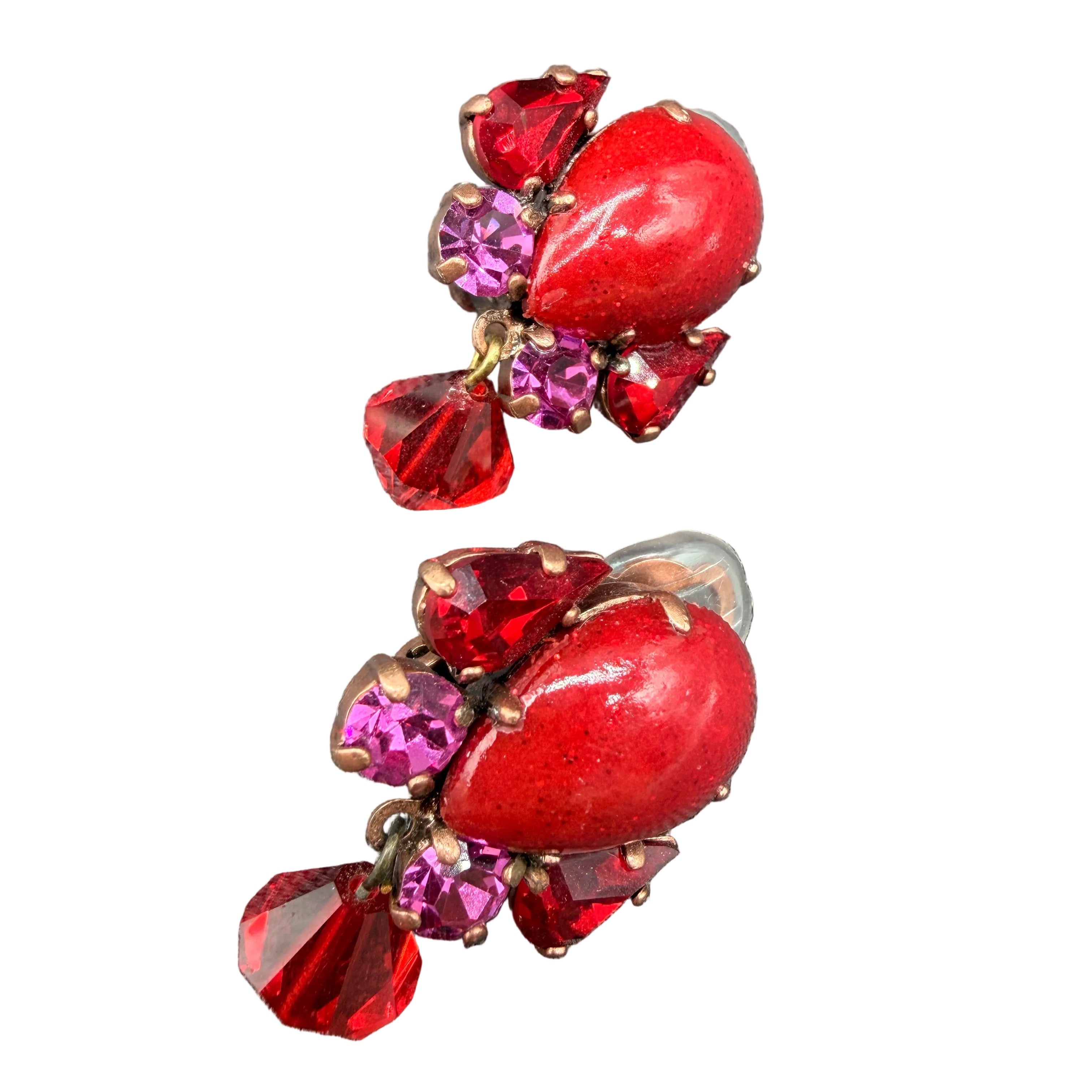 1980s Thelma Deutsch Paris Clip-On Earrings with Red Glitter & Rhinestones
