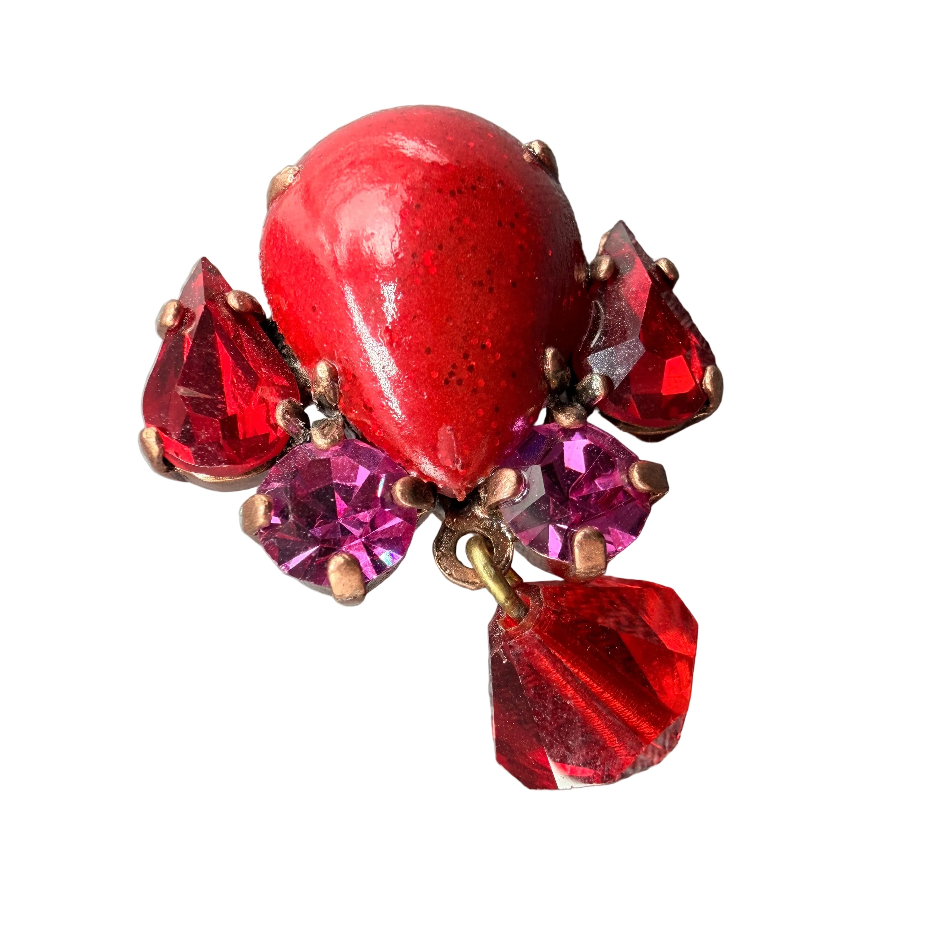 1980s Thelma Deutsch Paris Clip-On Earrings with Red Glitter & Rhinestones