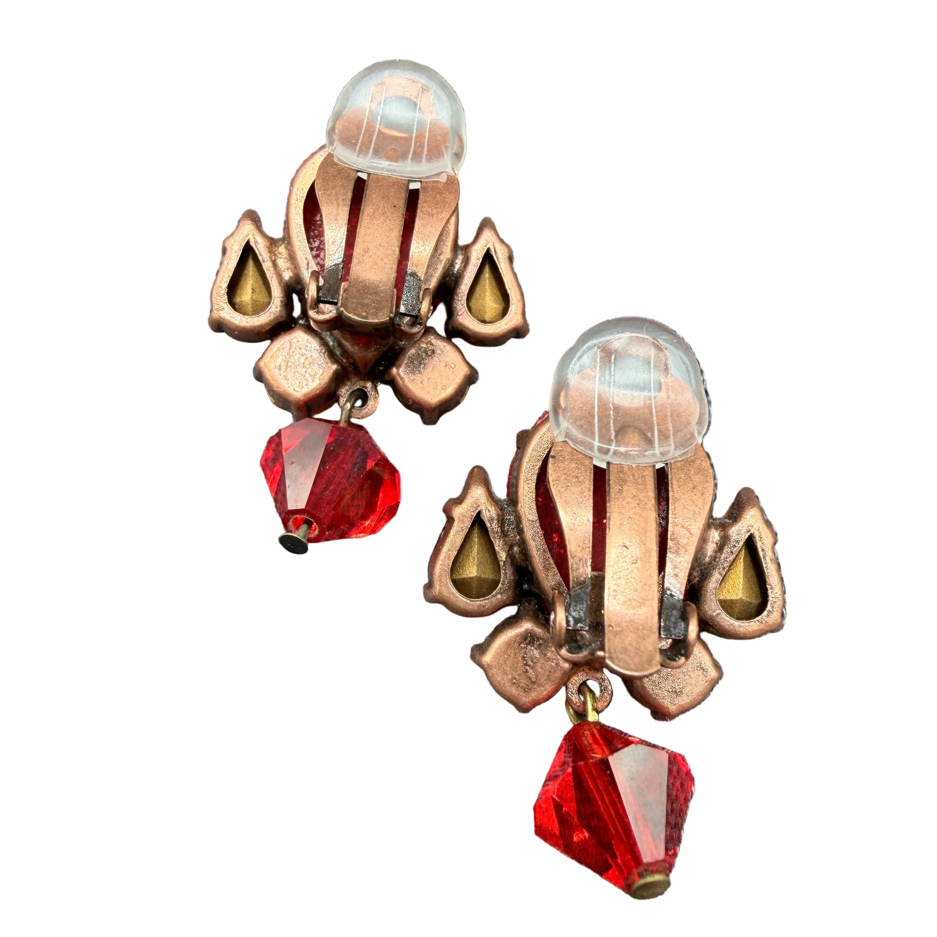 1980s Thelma Deutsch Paris Clip-On Earrings with Red Glitter & Rhinestones