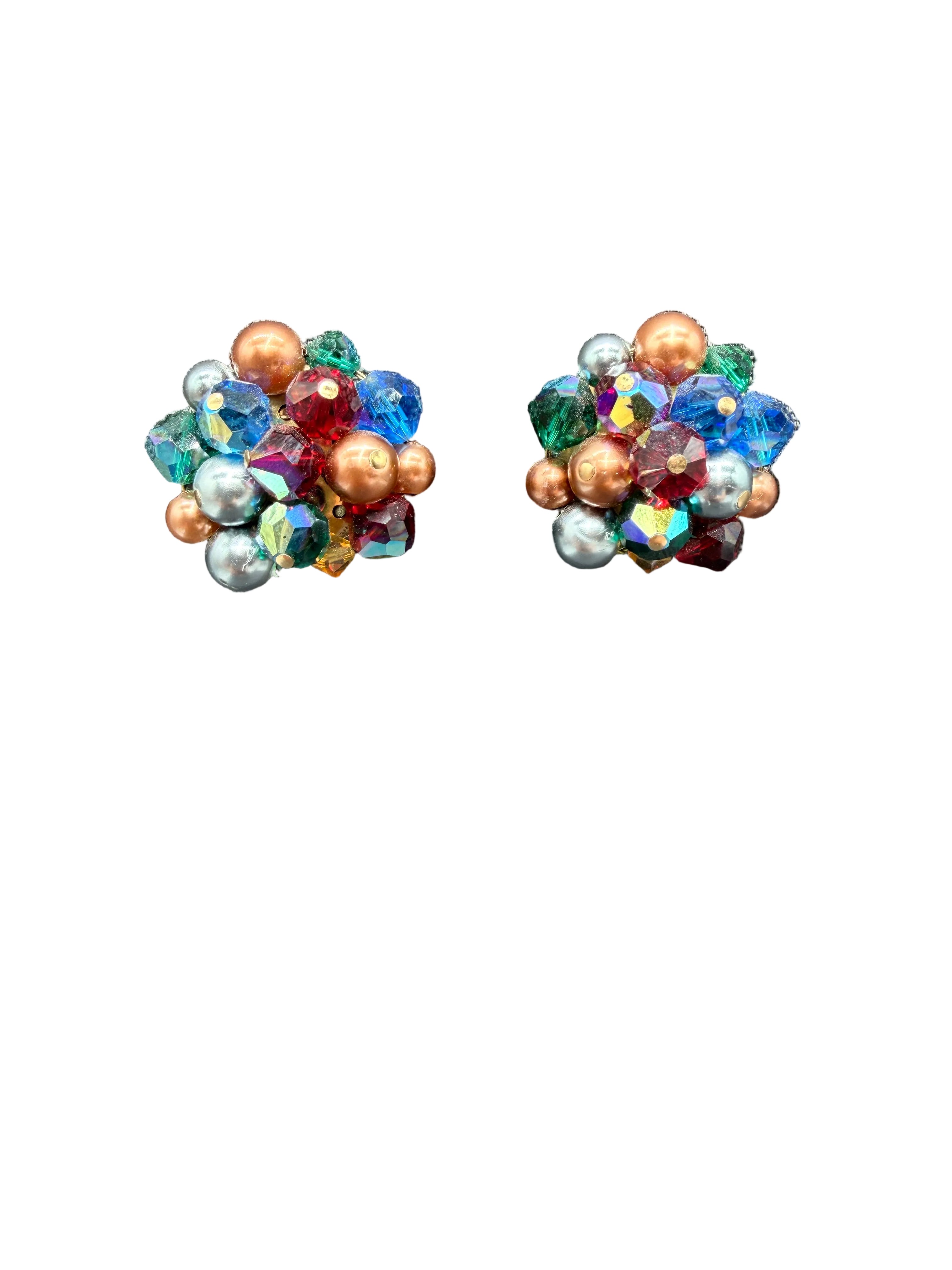 1950s Laguna Cluster Clip Earrings with Austrian Crystals & Jewel-Tone Glass Beads