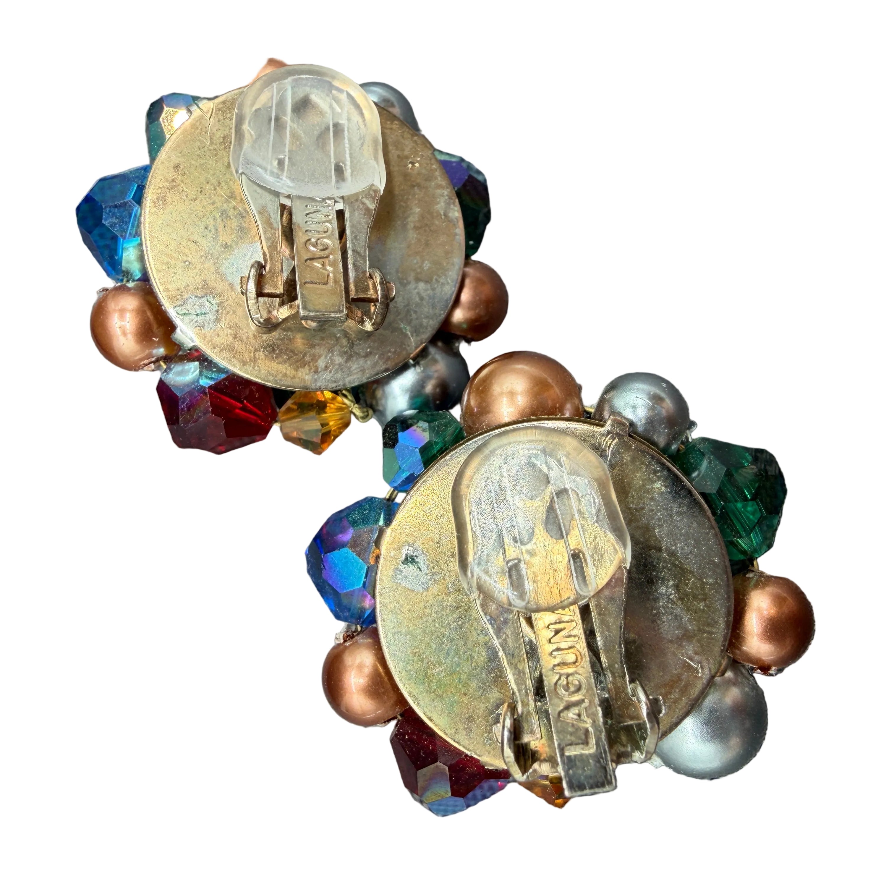 1950s Laguna Cluster Clip Earrings with Austrian Crystals & Jewel-Tone Glass Beads