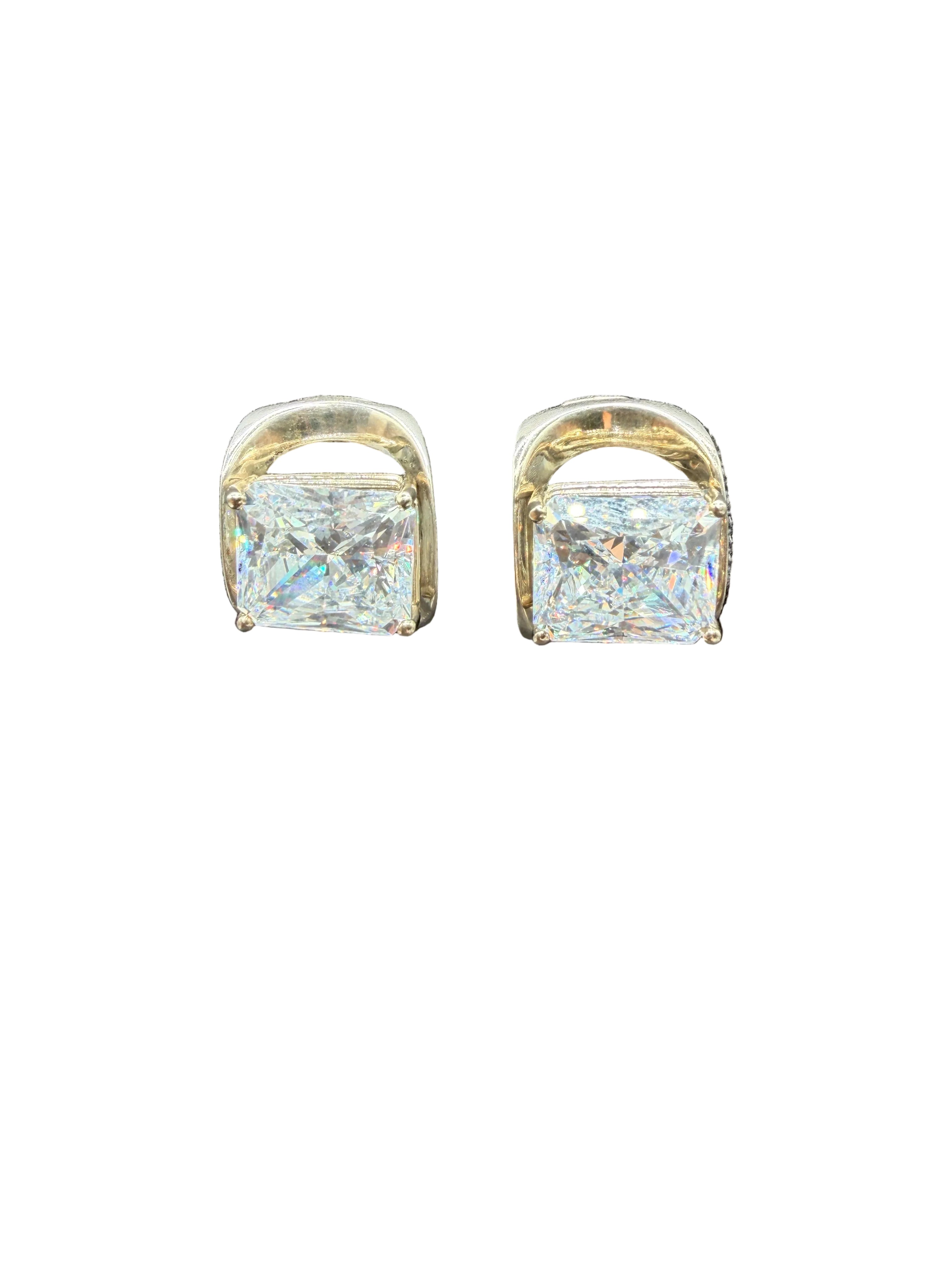 1980s Sterling Silver Concave Open Arch Clip Earrings with Princess-Cut Moissanite