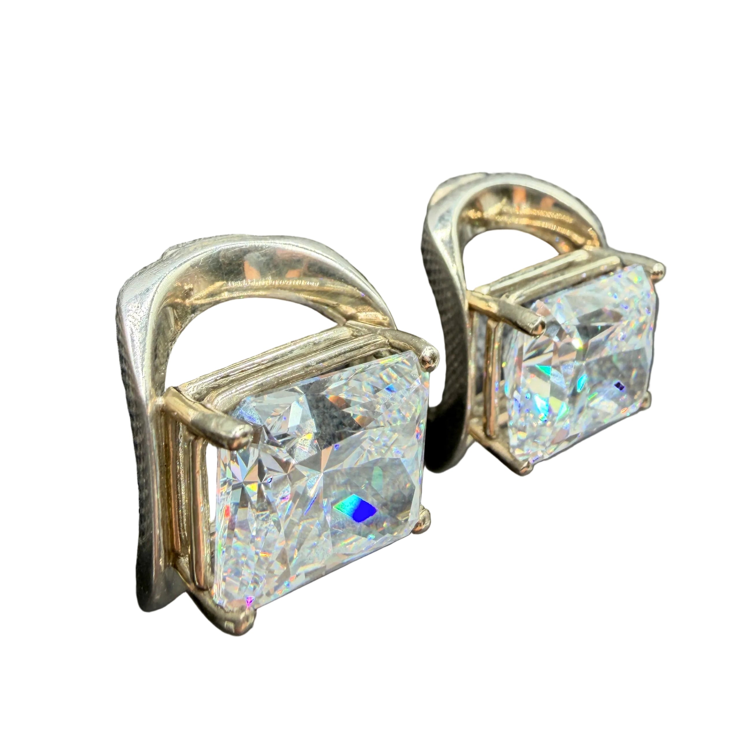 1980s Sterling Silver Concave Open Arch Clip Earrings with Princess-Cut Moissanite