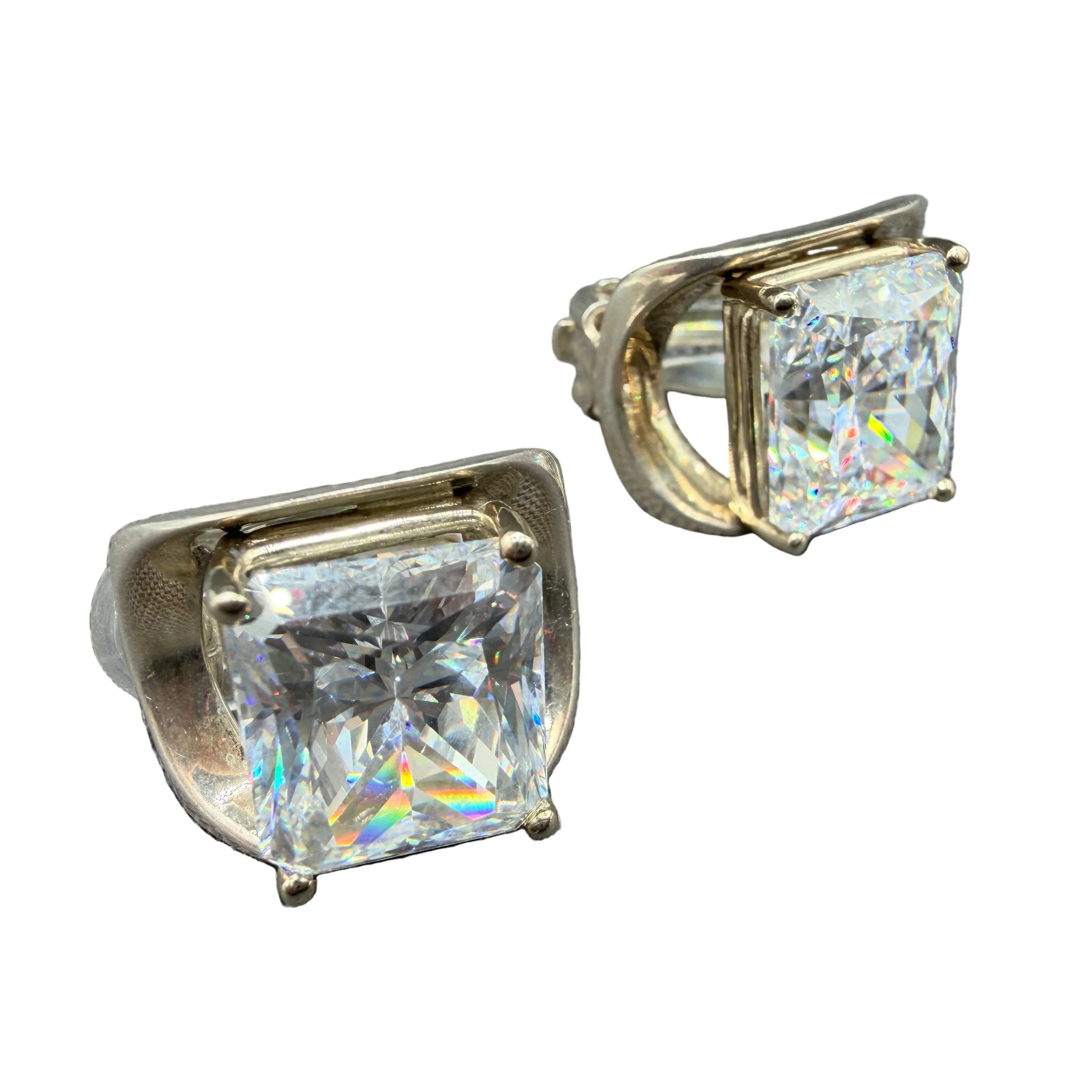 1980s Sterling Silver Concave Open Arch Clip Earrings with Princess-Cut Moissanite