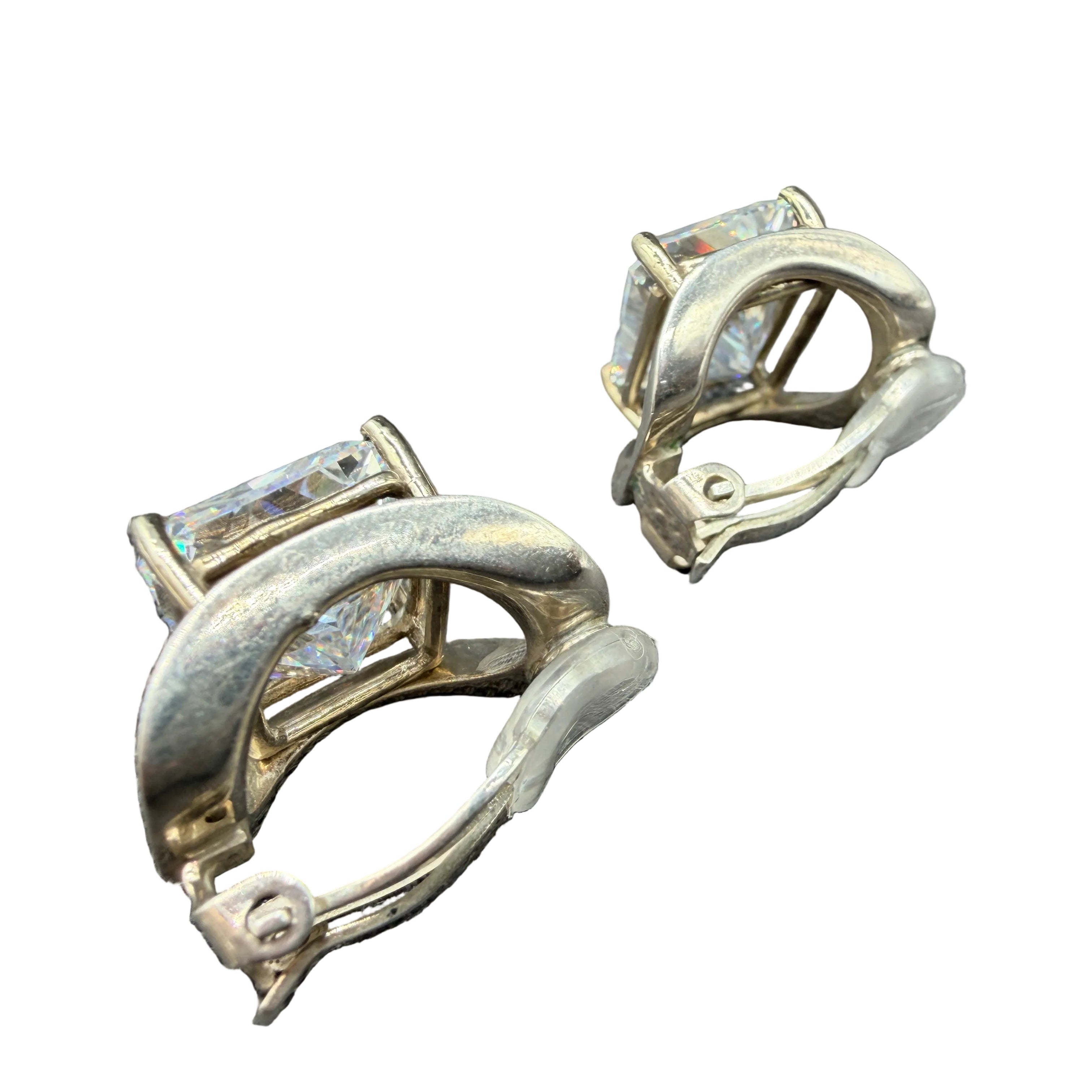 1980s Sterling Silver Concave Open Arch Clip Earrings with Princess-Cut Moissanite