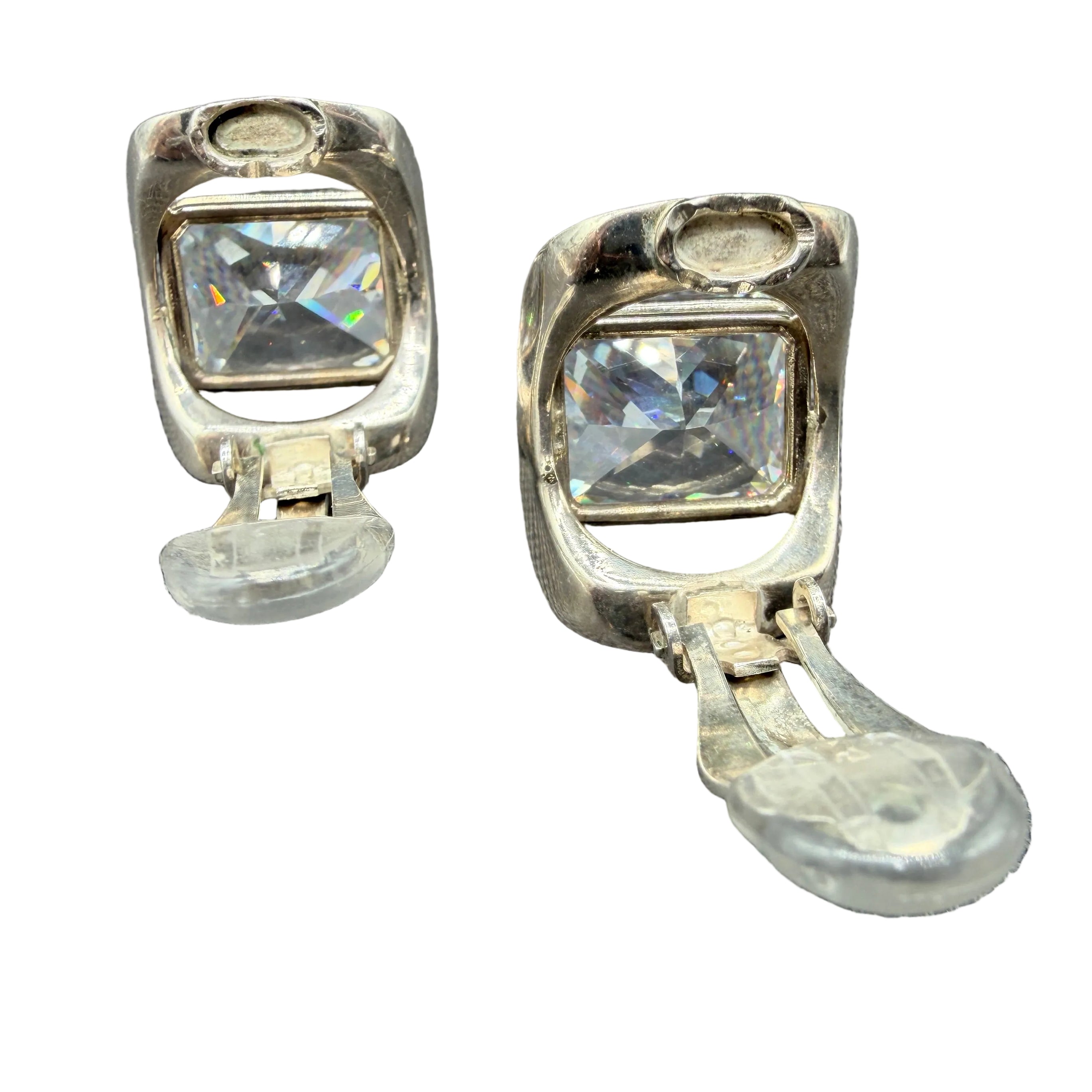 1980s Sterling Silver Concave Open Arch Clip Earrings with Princess-Cut Moissanite