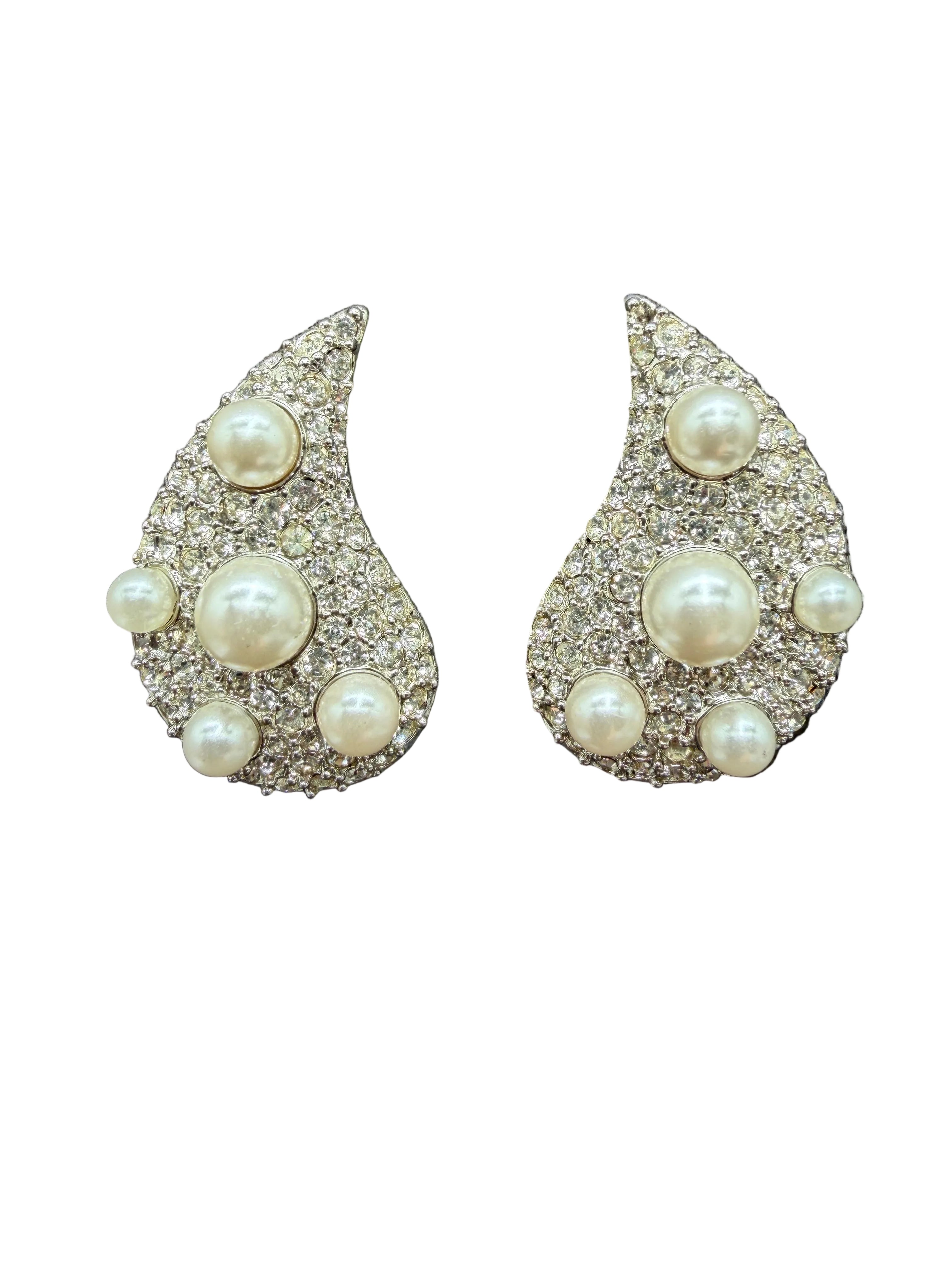 1980s Silver-Tone Paisley Clip Earrings with Rhinestones & Faux Pearls