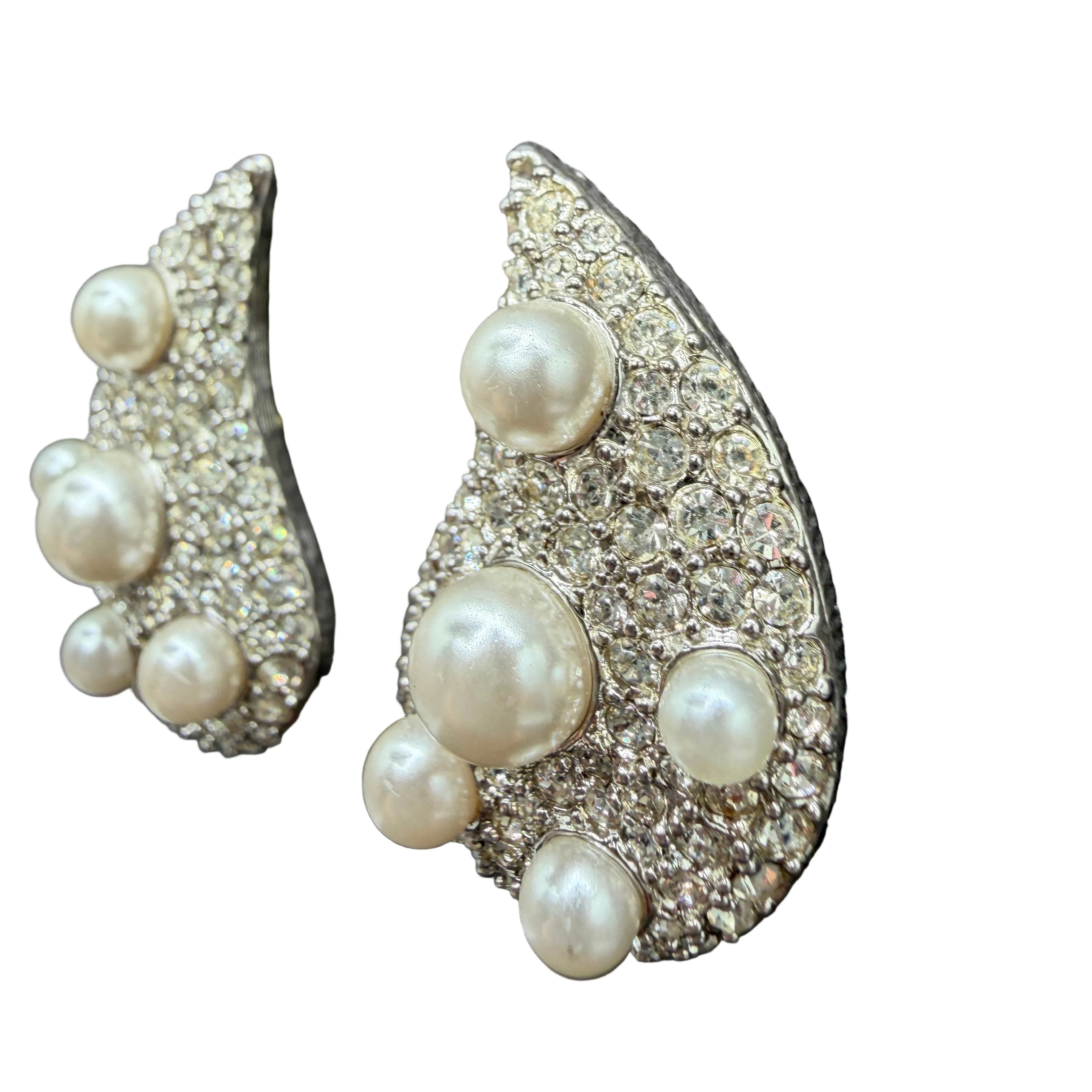 1980s Silver-Tone Paisley Clip Earrings with Rhinestones & Faux Pearls