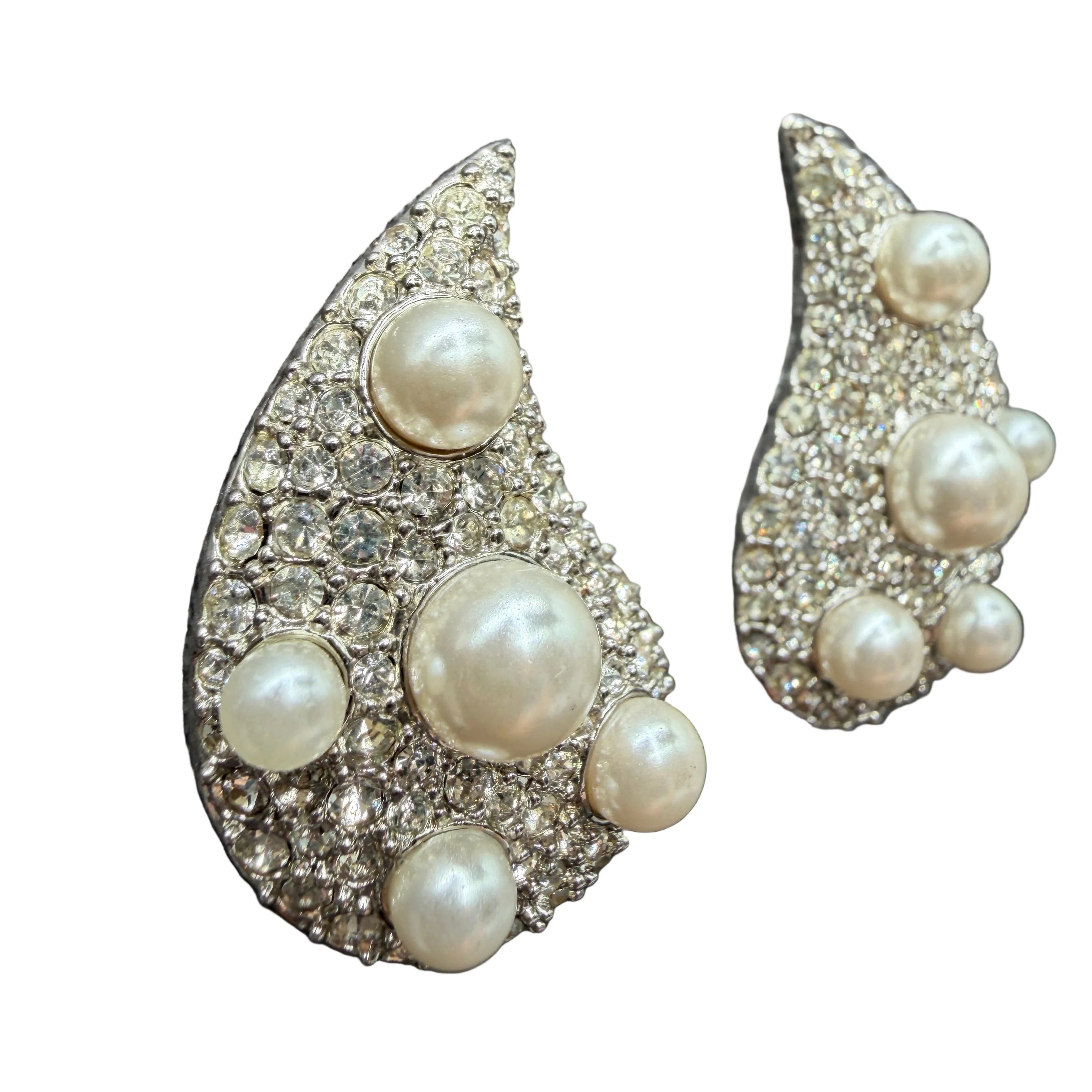 1980s Silver-Tone Paisley Clip Earrings with Rhinestones & Faux Pearls