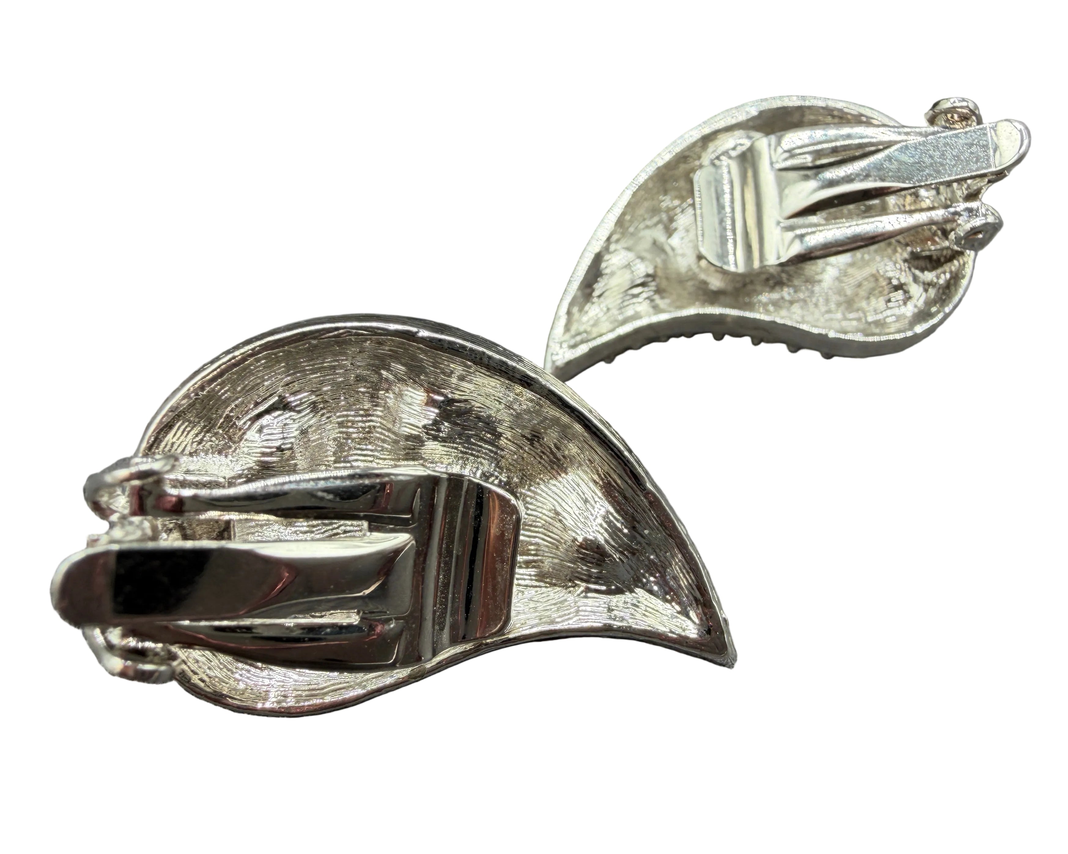 1980s Silver-Tone Paisley Clip Earrings with Rhinestones & Faux Pearls