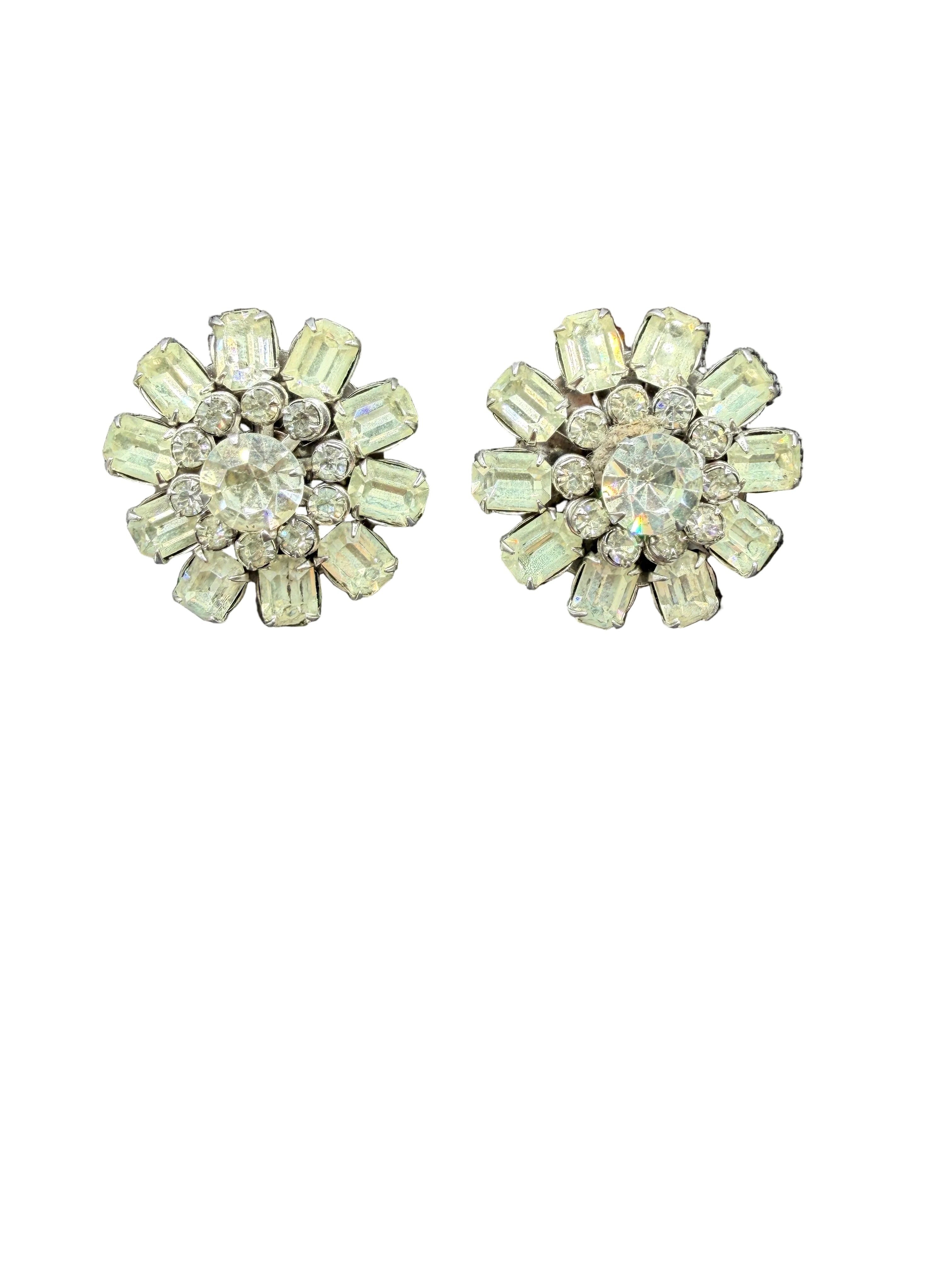1950s Silver-Tone Starburst Clip Earrings with Austrian Crystal Studs