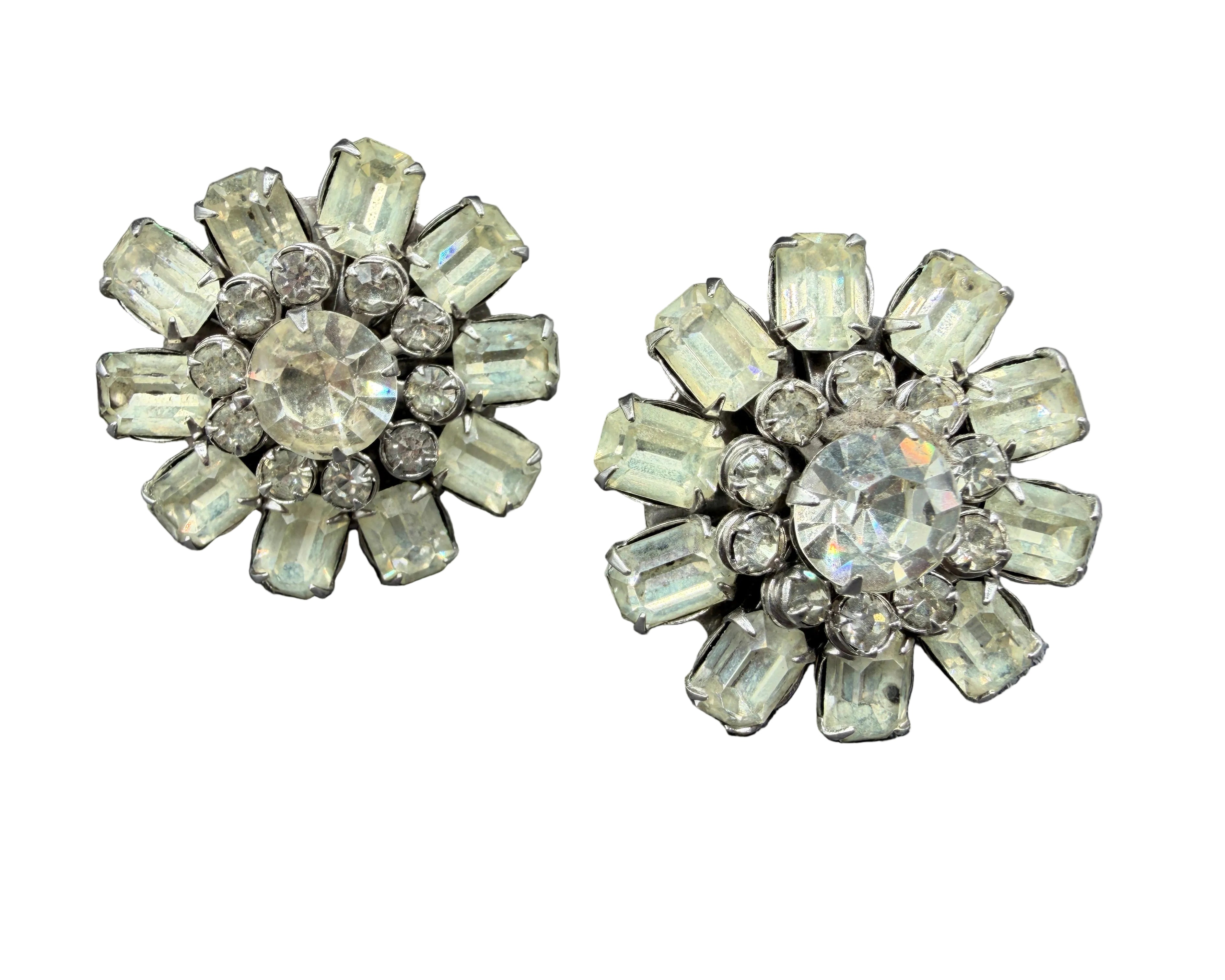 1950s Silver-Tone Starburst Clip Earrings with Austrian Crystal Studs