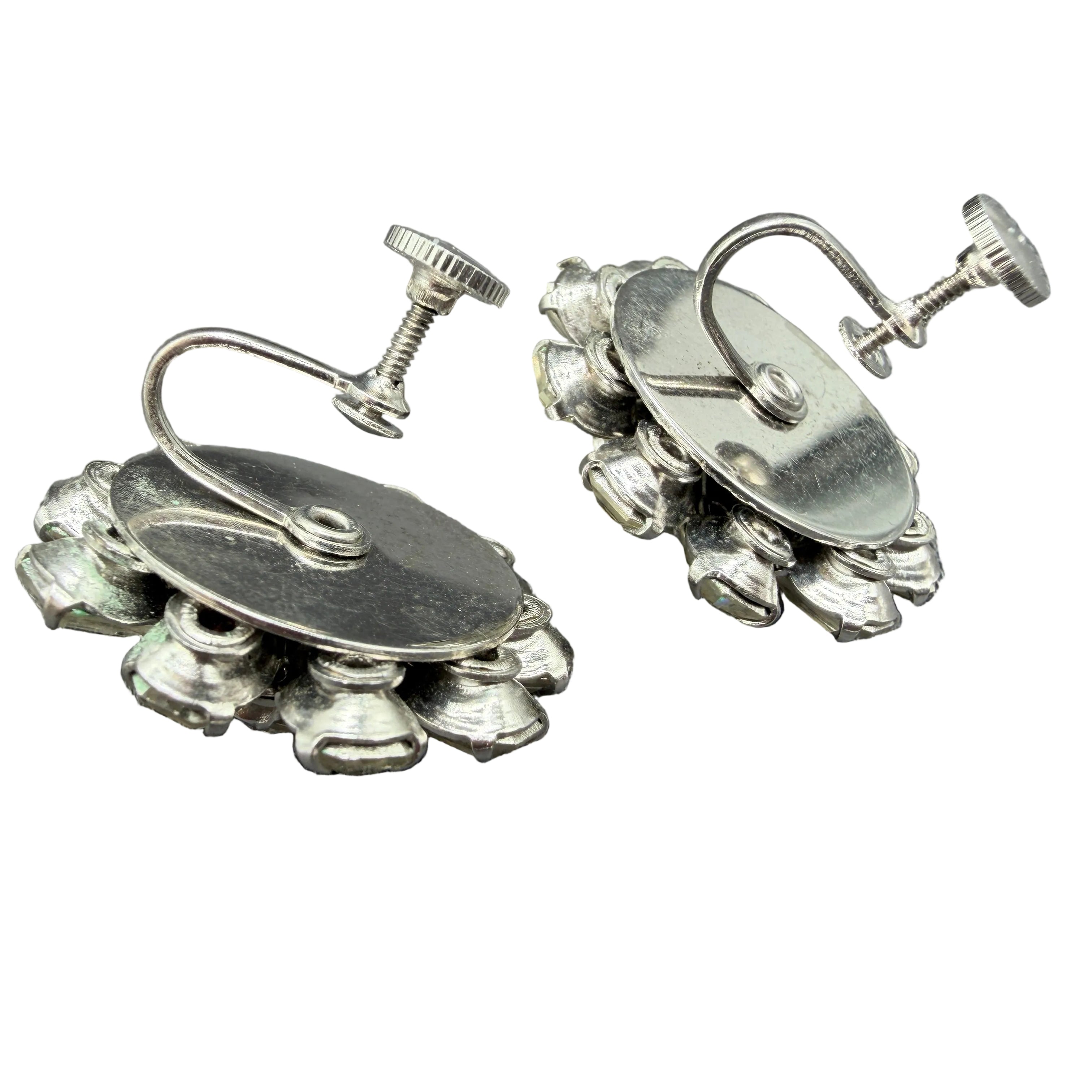 1950s Silver-Tone Starburst Clip Earrings with Austrian Crystal Studs