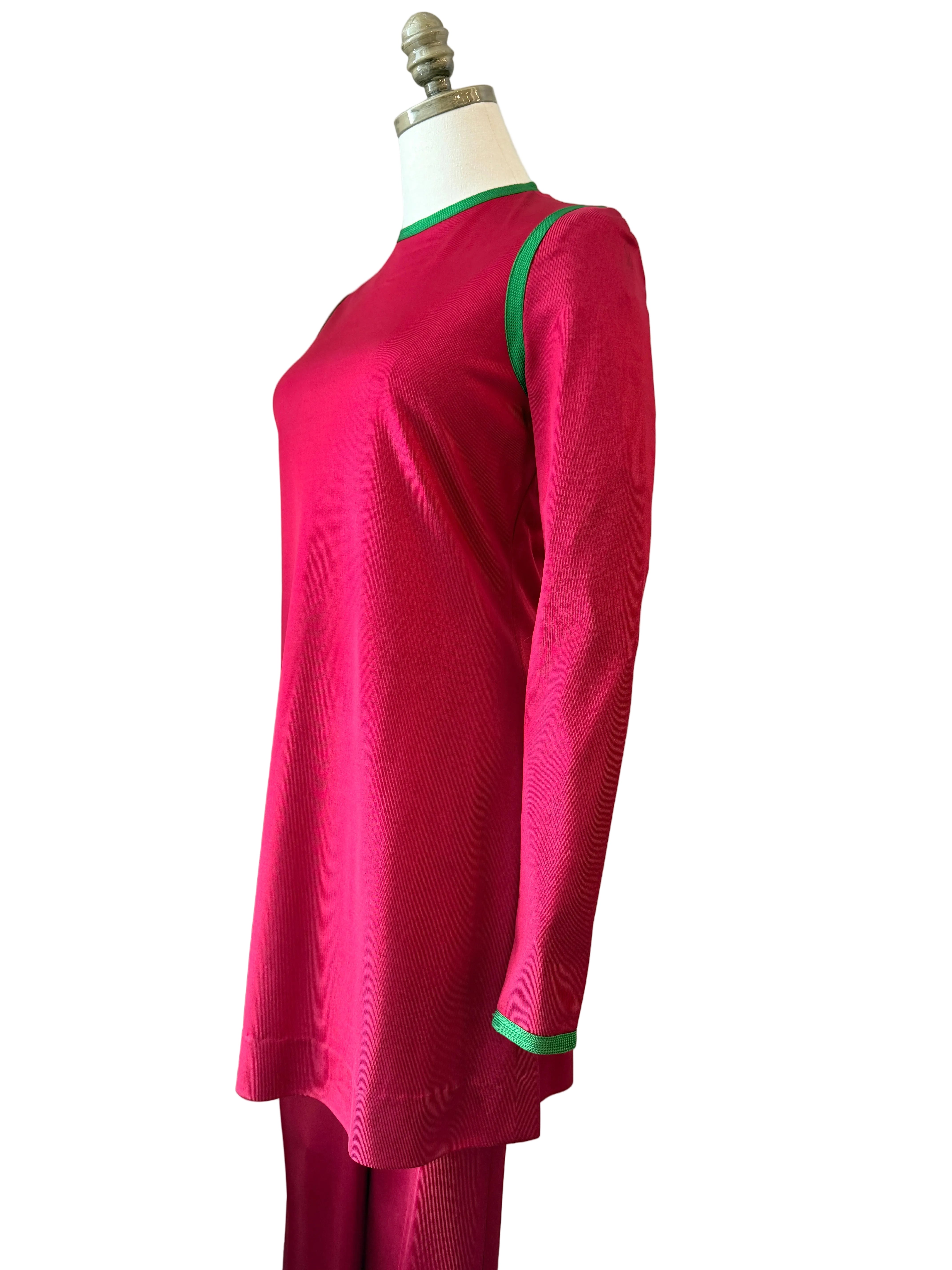 1960s Michael Mott for Paraphernalia Red Two-Piece Tunic & Pant Set with Green Piping