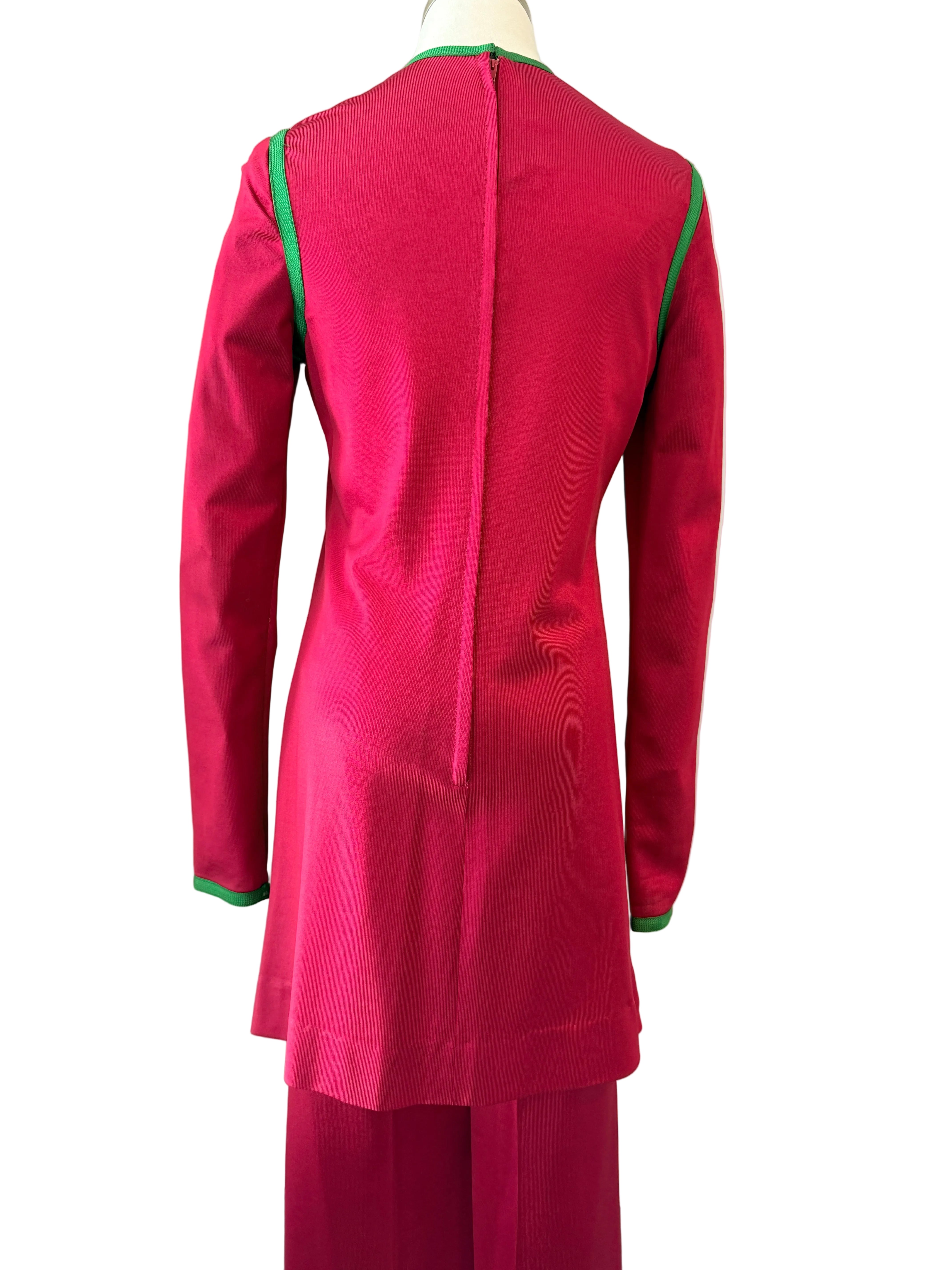 1960s Michael Mott for Paraphernalia Red Two-Piece Tunic & Pant Set with Green Piping