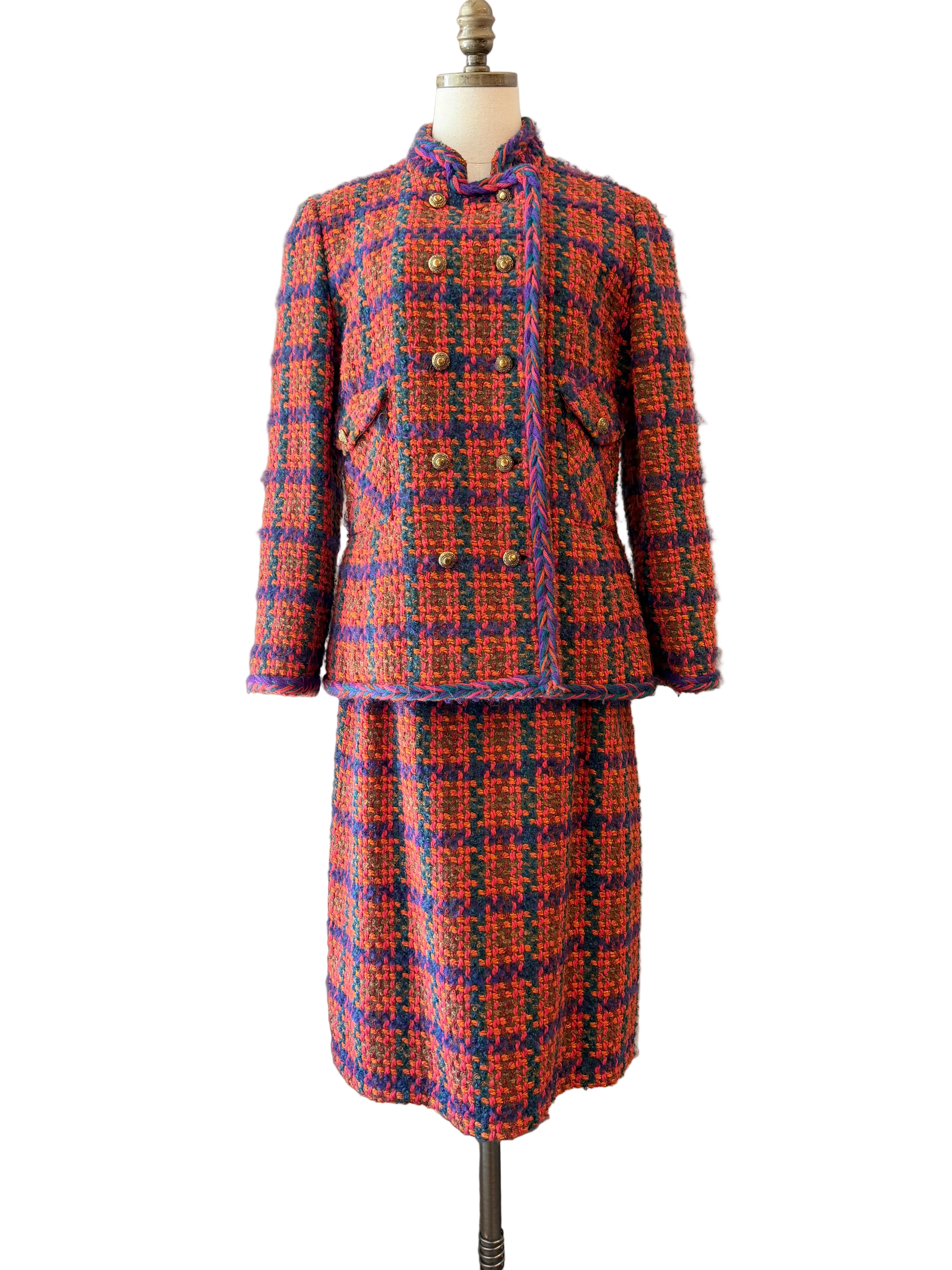 1960s Orange Tweed Two-Piece Skirt Suit in Pink, Orange & Purple
