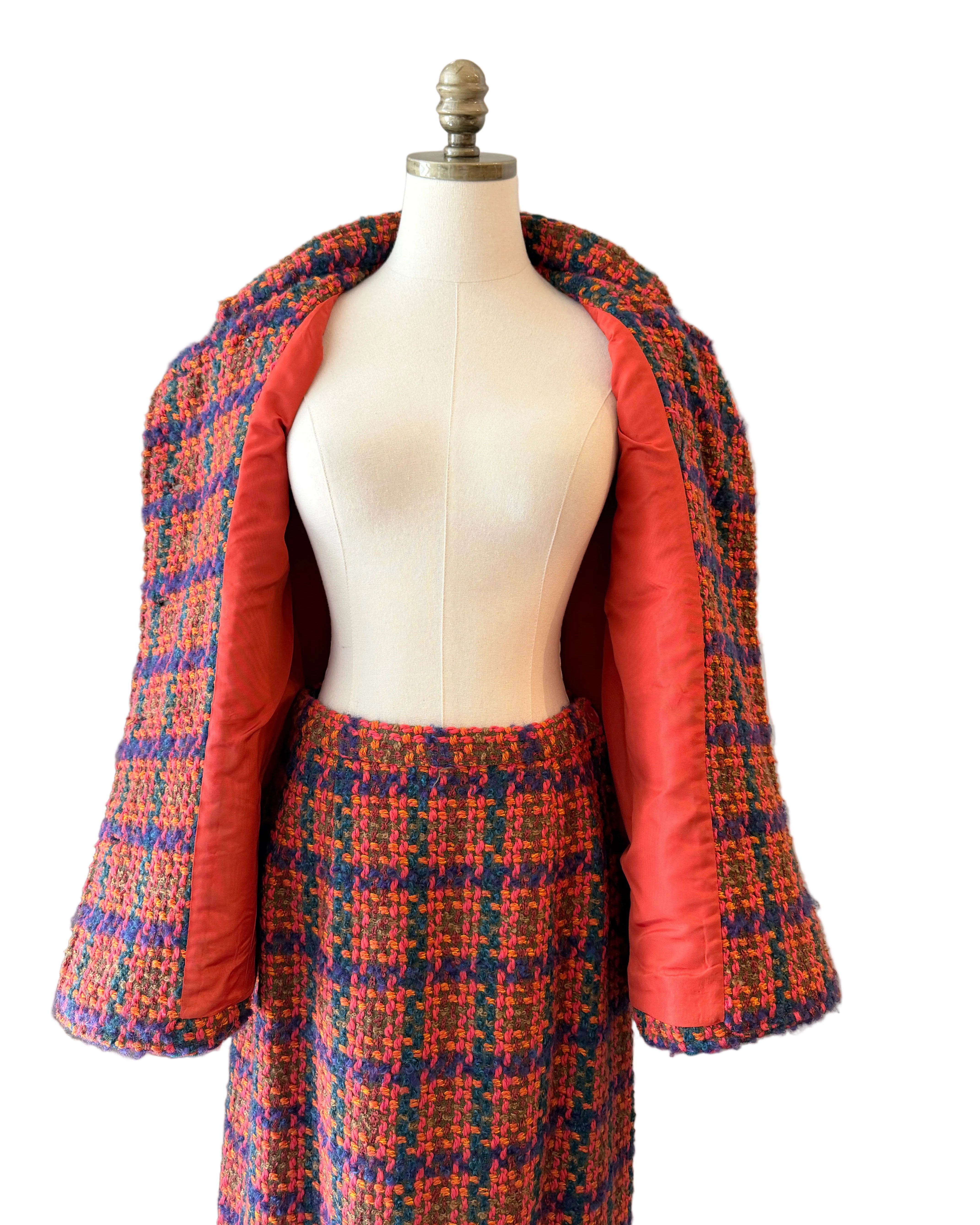 1960s Orange Tweed Two-Piece Skirt Suit in Pink, Orange & Purple