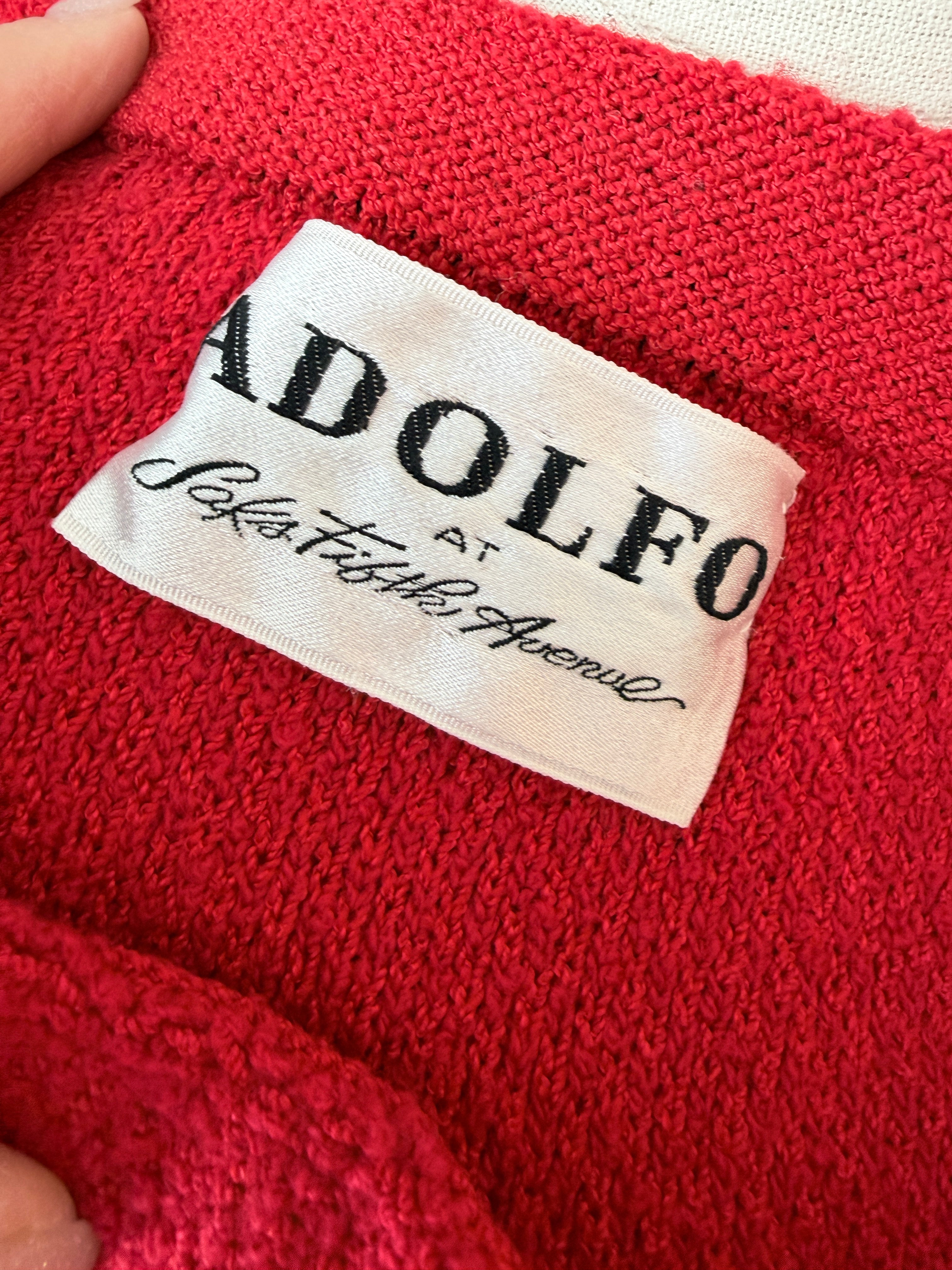 1960s Adolfo Red Knit Skirt Suit with Silk Banded Collar, Bow Cuffs & Gold/Pearl Buttons