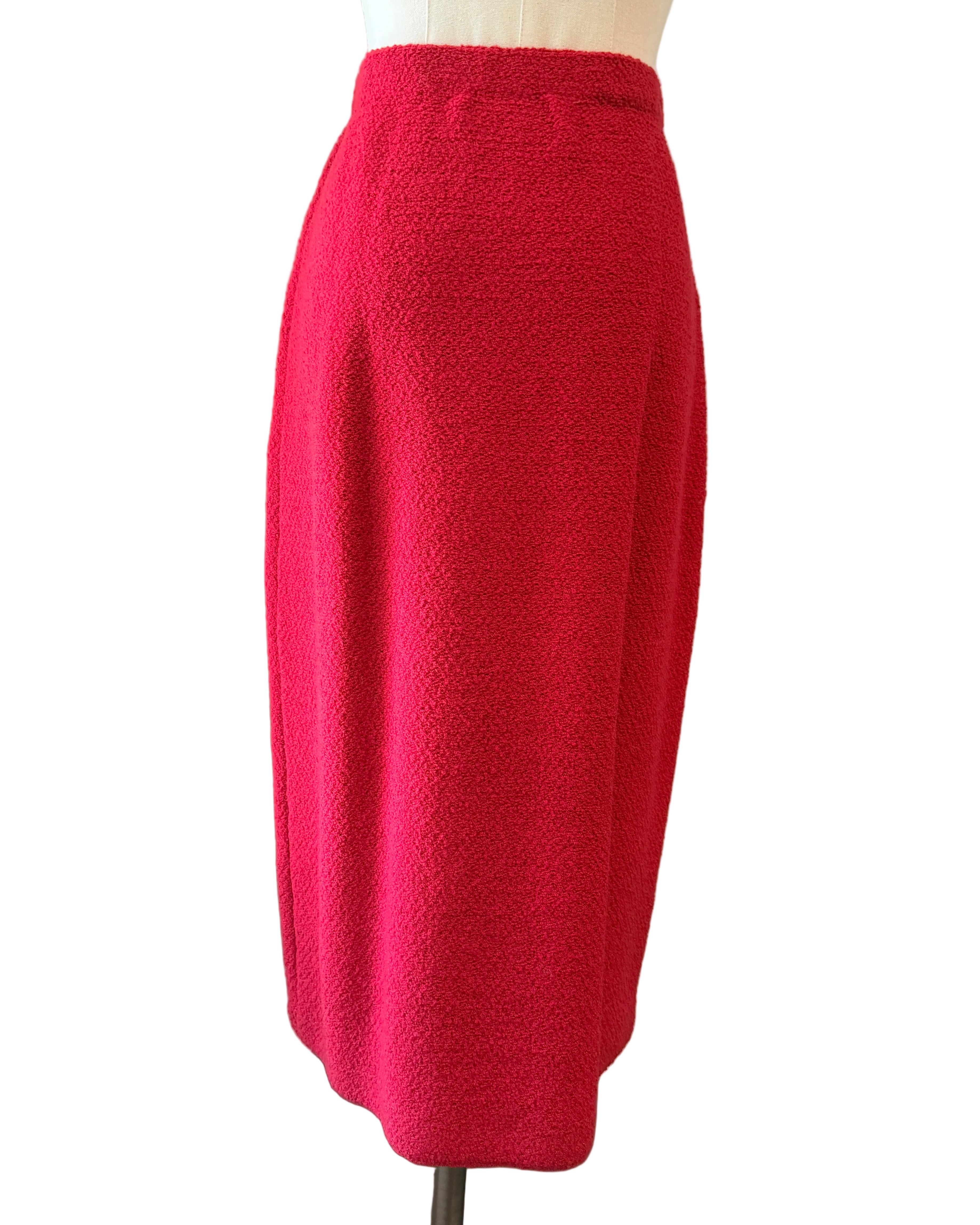 1960s Adolfo Red Knit Skirt Suit with Silk Banded Collar, Bow Cuffs & Gold/Pearl Buttons
