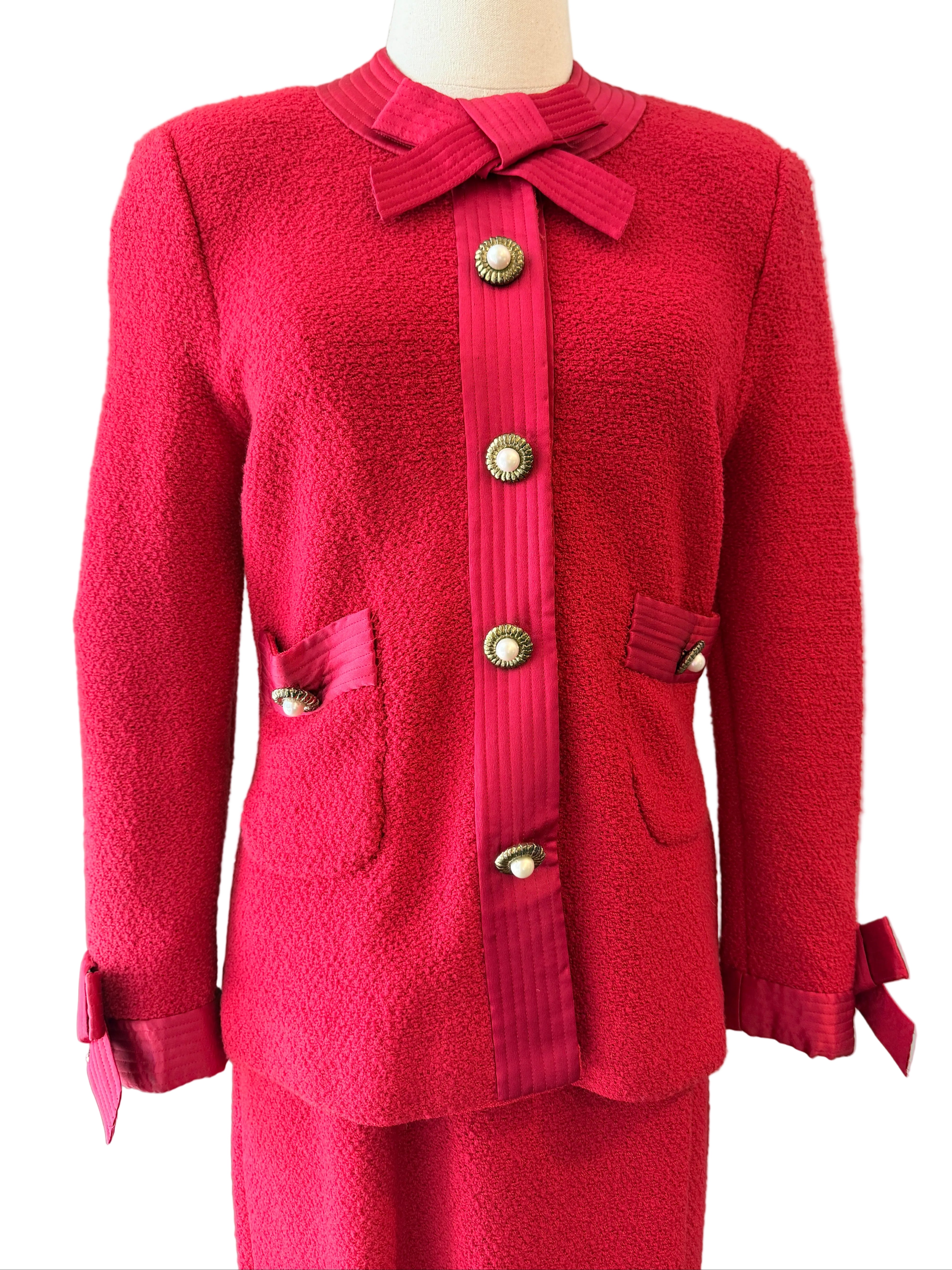1960s Adolfo Red Knit Skirt Suit with Silk Banded Collar, Bow Cuffs & Gold/Pearl Buttons