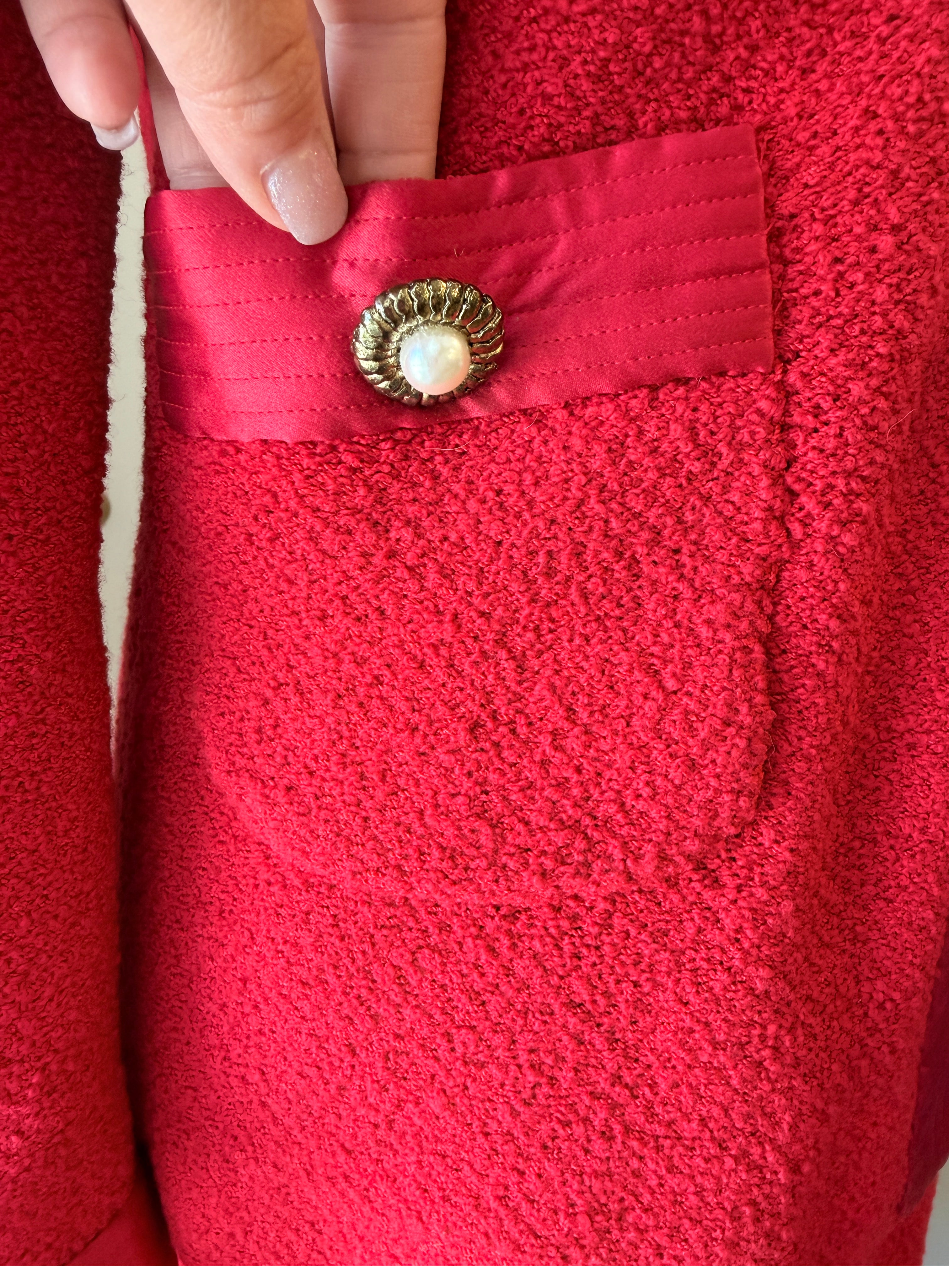 1960s Adolfo Red Knit Skirt Suit with Silk Banded Collar, Bow Cuffs & Gold/Pearl Buttons