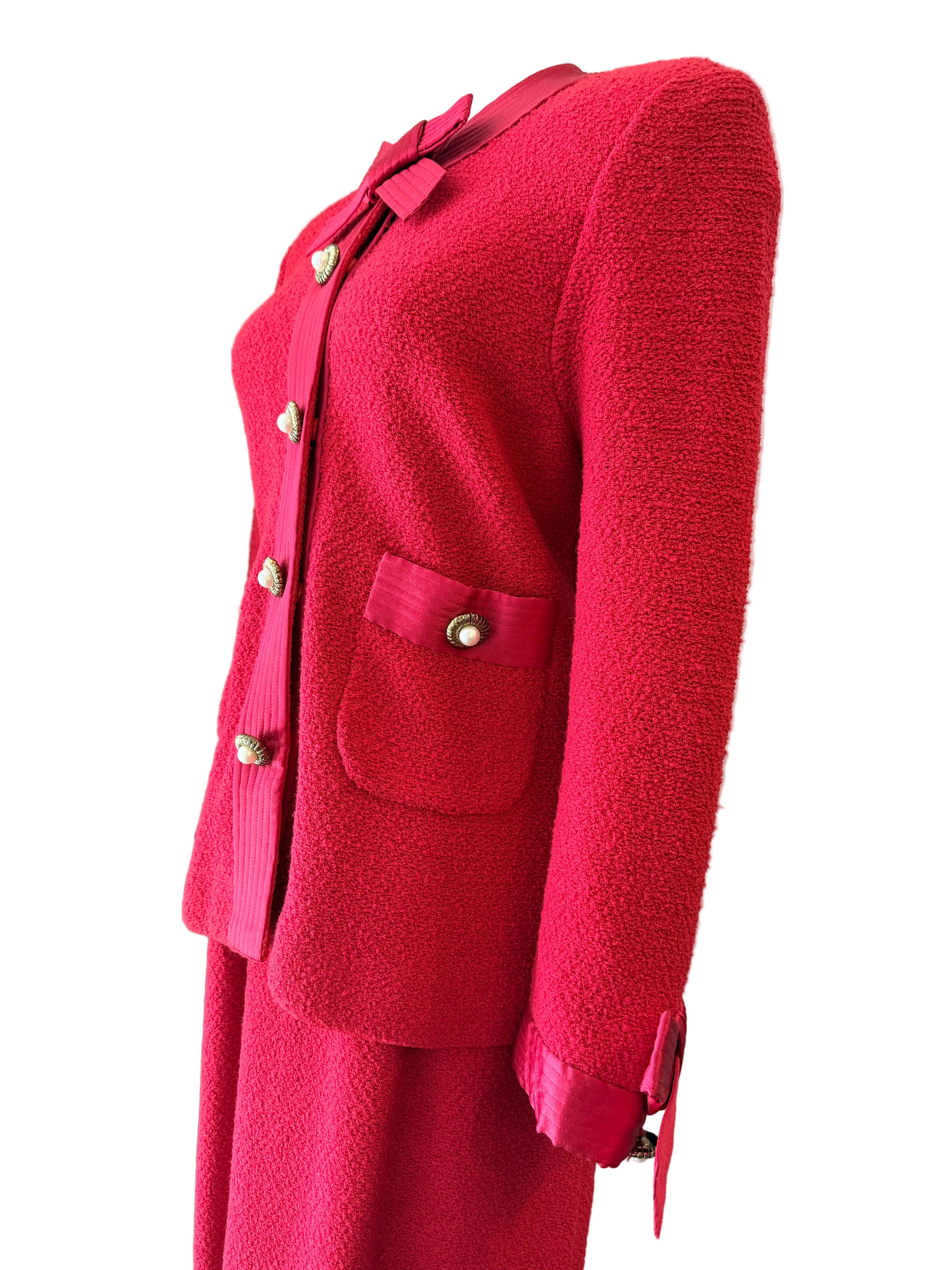 1960s Adolfo Red Knit Skirt Suit with Silk Banded Collar, Bow Cuffs & Gold/Pearl Buttons