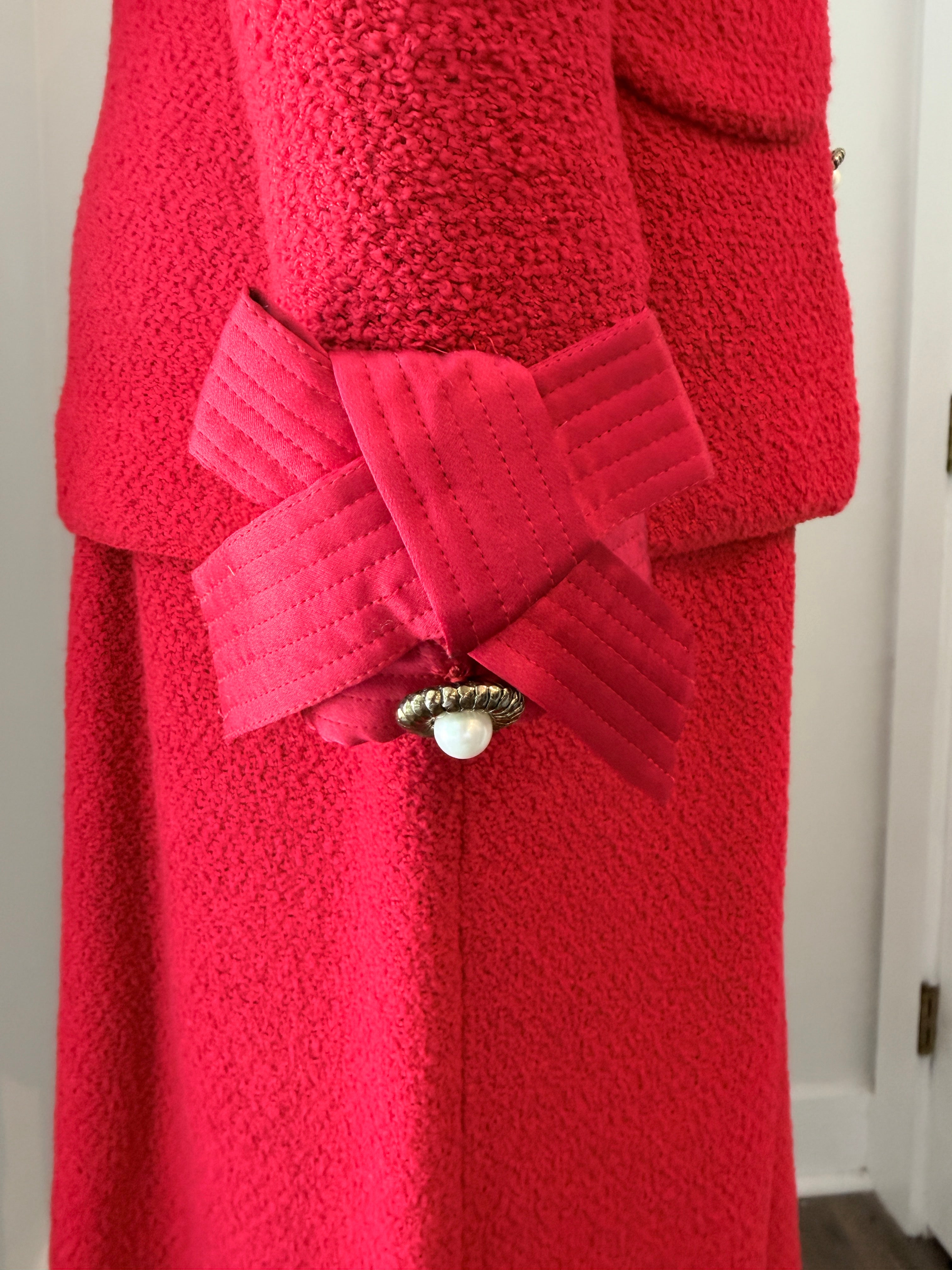 1960s Adolfo Red Knit Skirt Suit with Silk Banded Collar, Bow Cuffs & Gold/Pearl Buttons