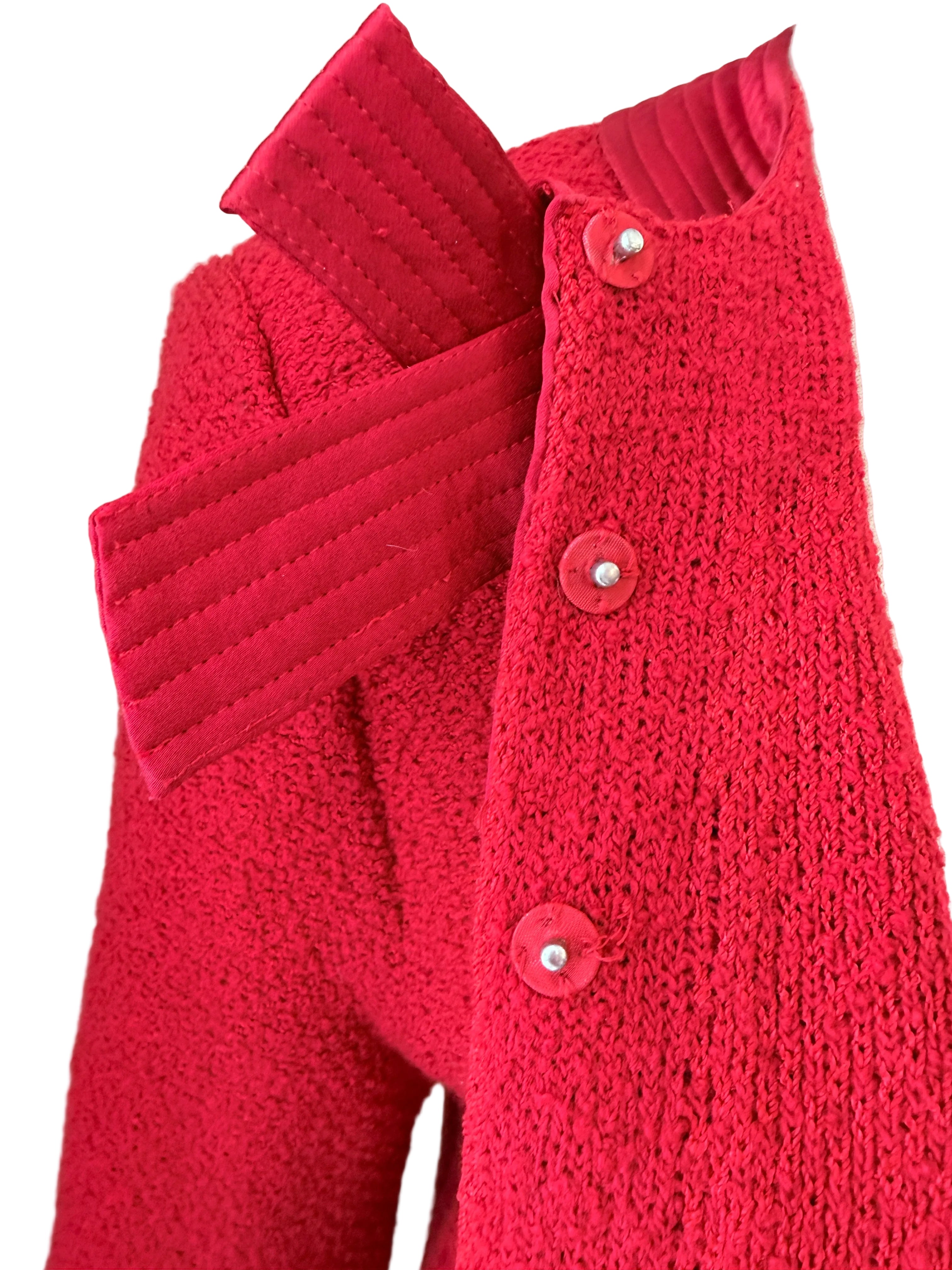 1960s Adolfo Red Knit Skirt Suit with Silk Banded Collar, Bow Cuffs & Gold/Pearl Buttons