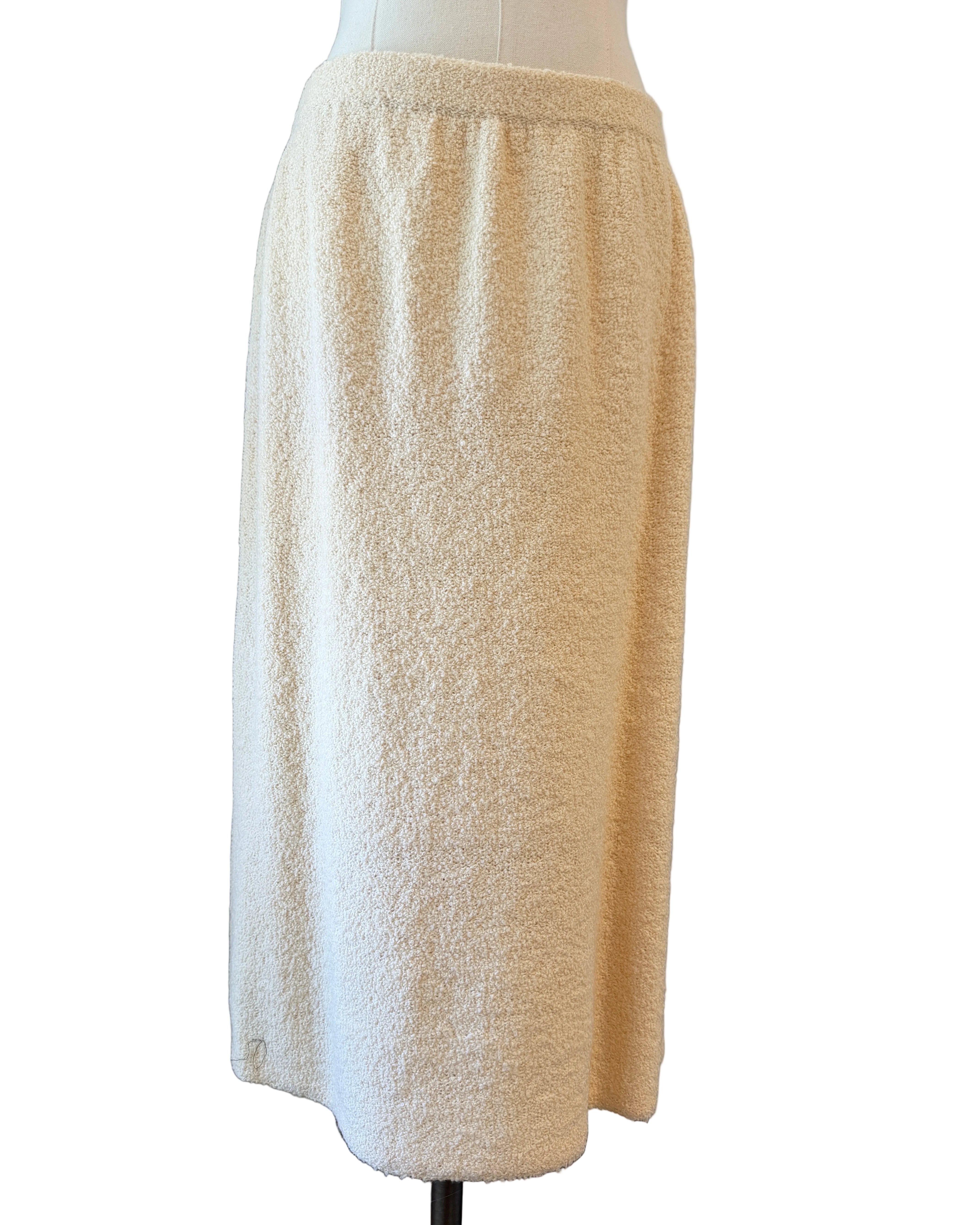 1960s Adolfo Ivory Knit Four-Piece Suit Ensemble with Silk Floral Collar, Brutalist Brass Buttons & Hat