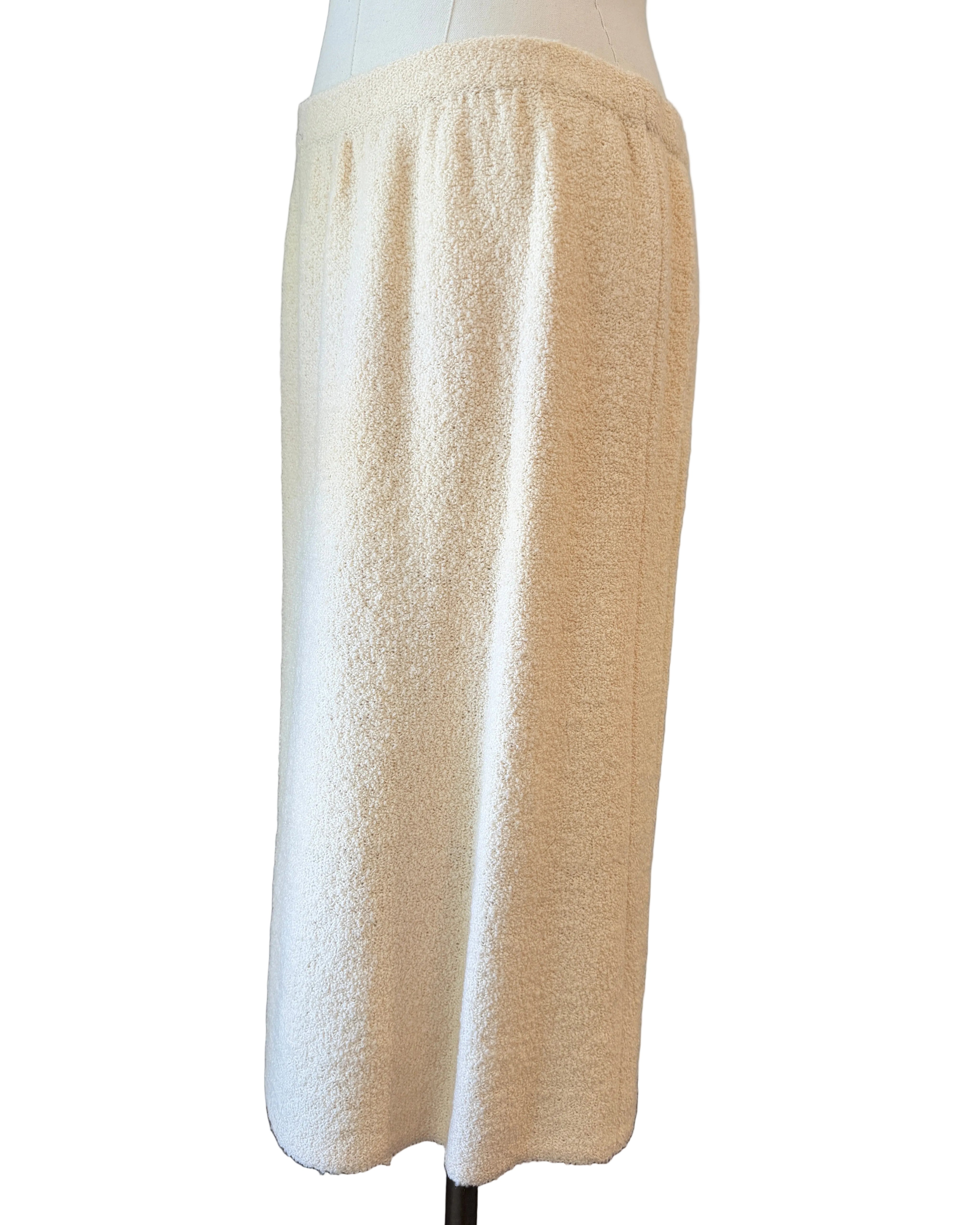 1960s Adolfo Ivory Knit Four-Piece Suit Ensemble with Silk Floral Collar, Brutalist Brass Buttons & Hat