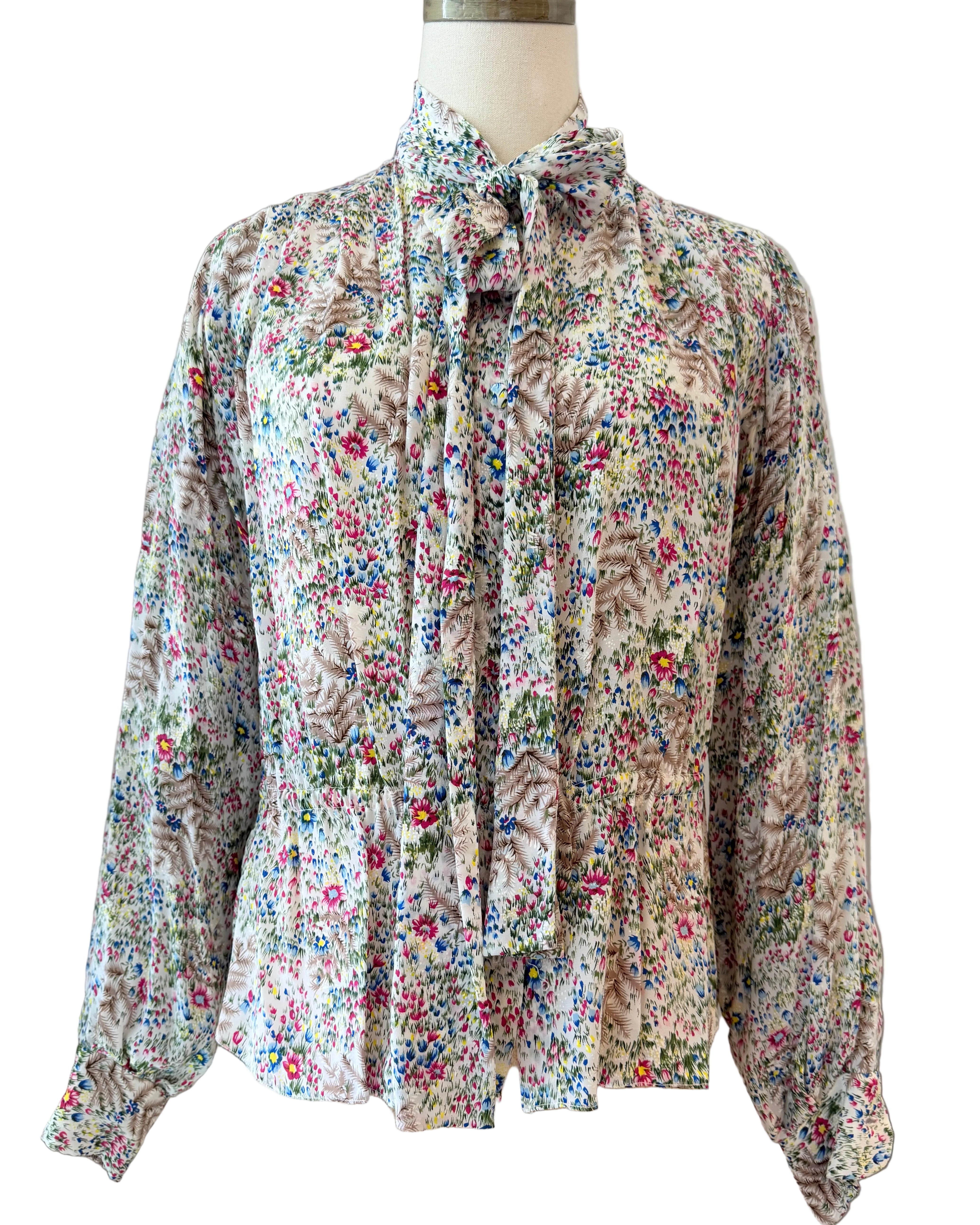 1960s Adolfo Ivory Knit Four-Piece Suit Ensemble with Silk Floral Collar, Brutalist Brass Buttons & Hat