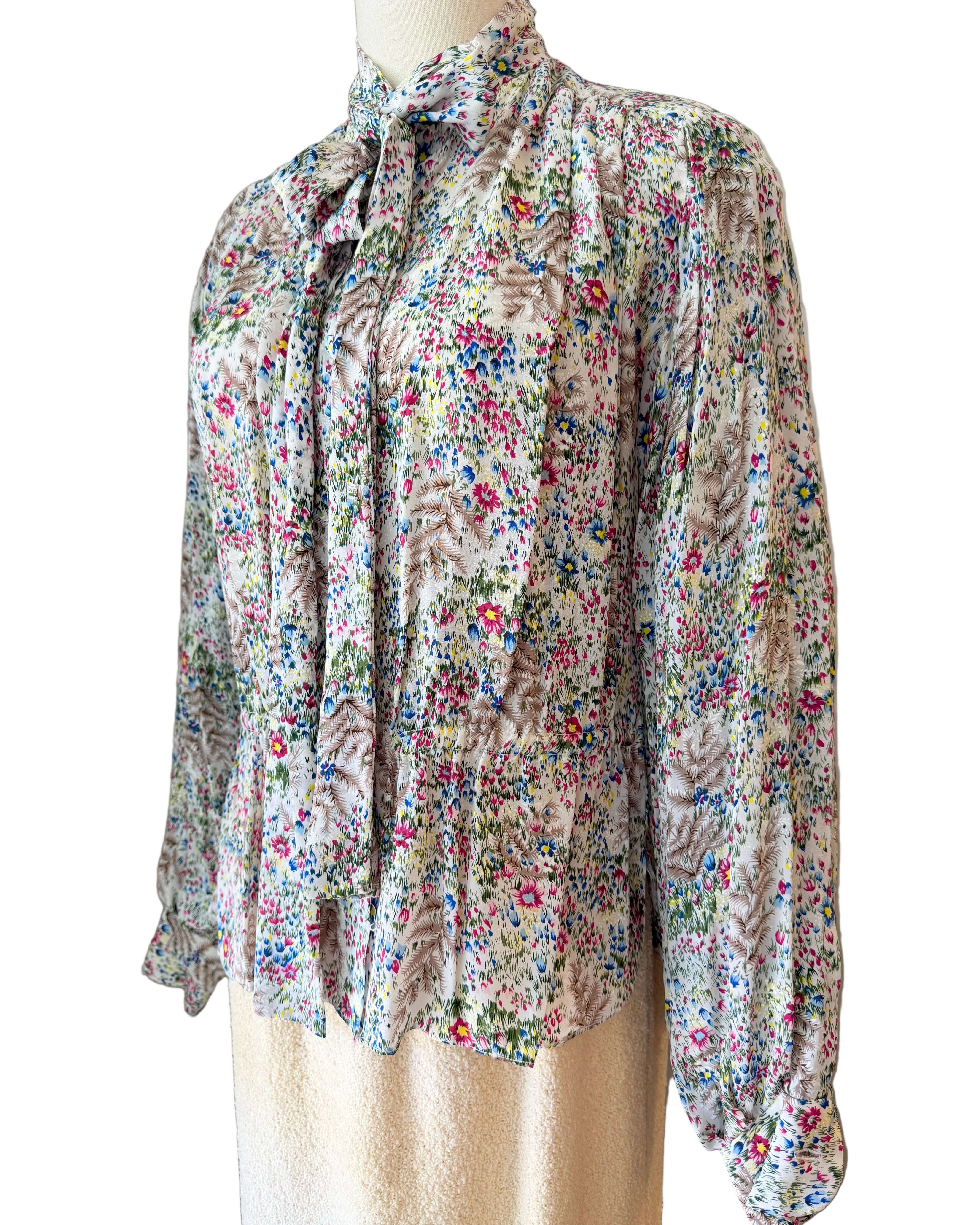 1960s Adolfo Ivory Knit Four-Piece Suit Ensemble with Silk Floral Collar, Brutalist Brass Buttons & Hat