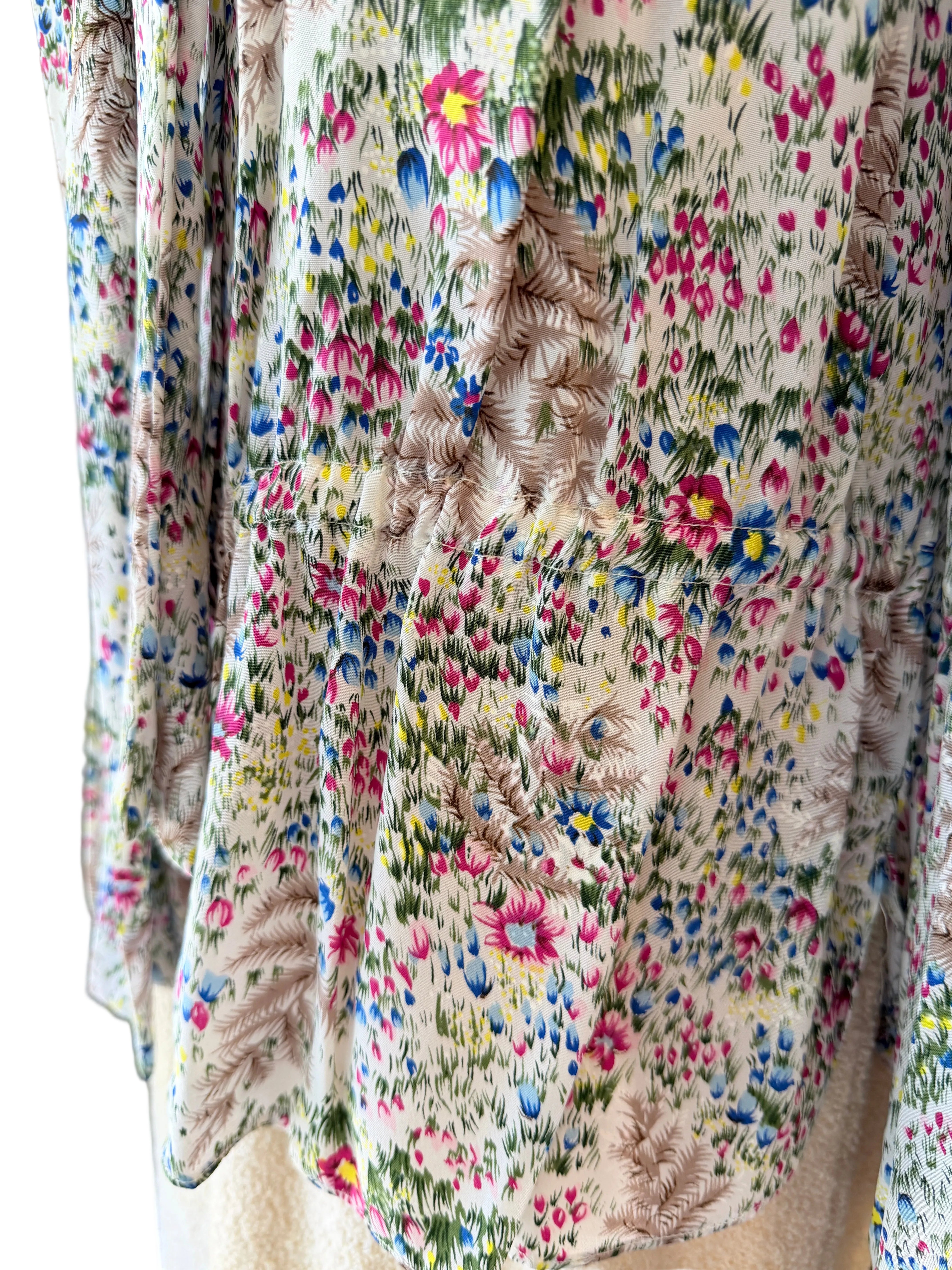 1960s Adolfo Ivory Knit Four-Piece Suit Ensemble with Silk Floral Collar, Brutalist Brass Buttons & Hat