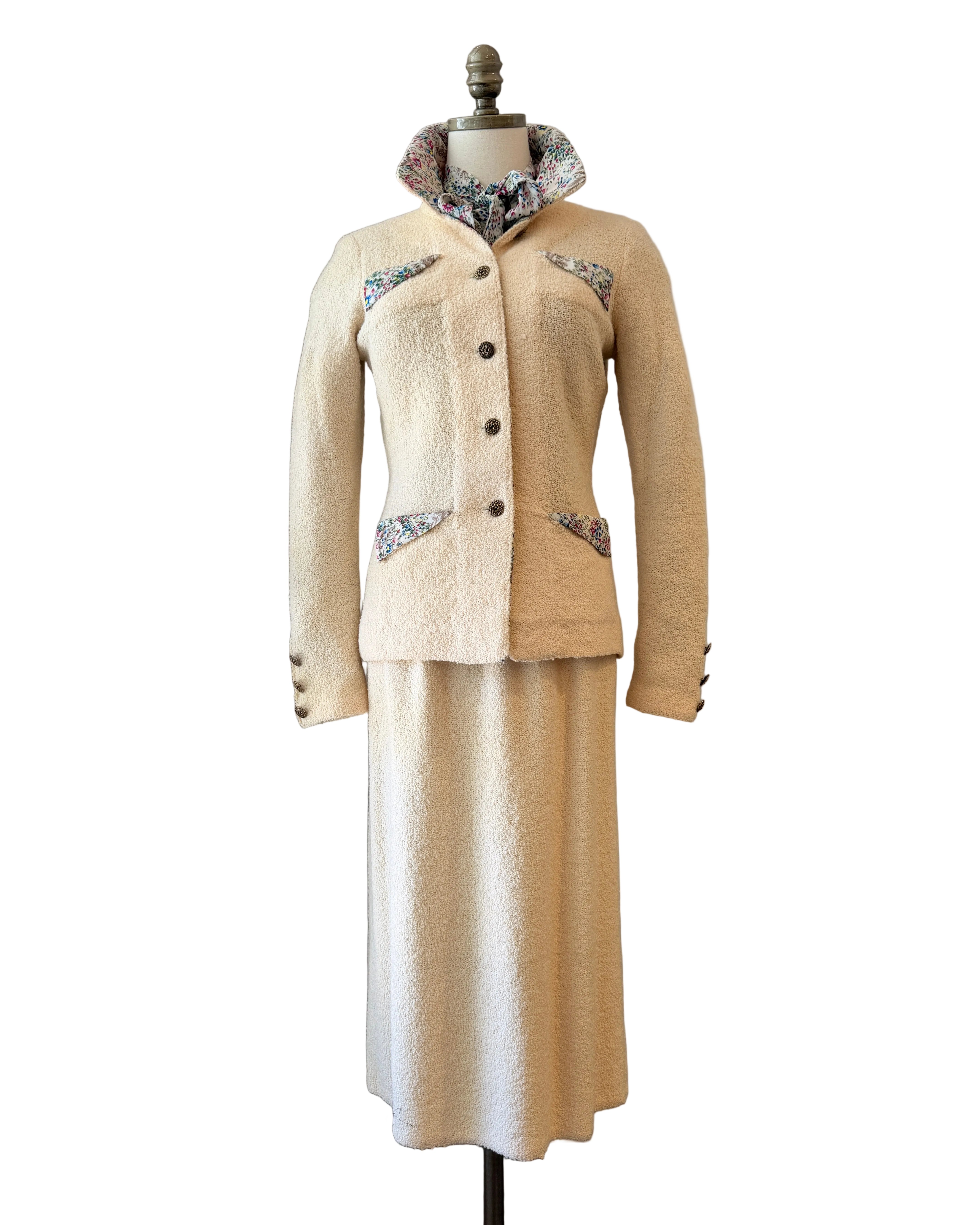 1960s Adolfo Ivory Knit Four-Piece Suit Ensemble with Silk Floral Collar, Brutalist Brass Buttons & Hat