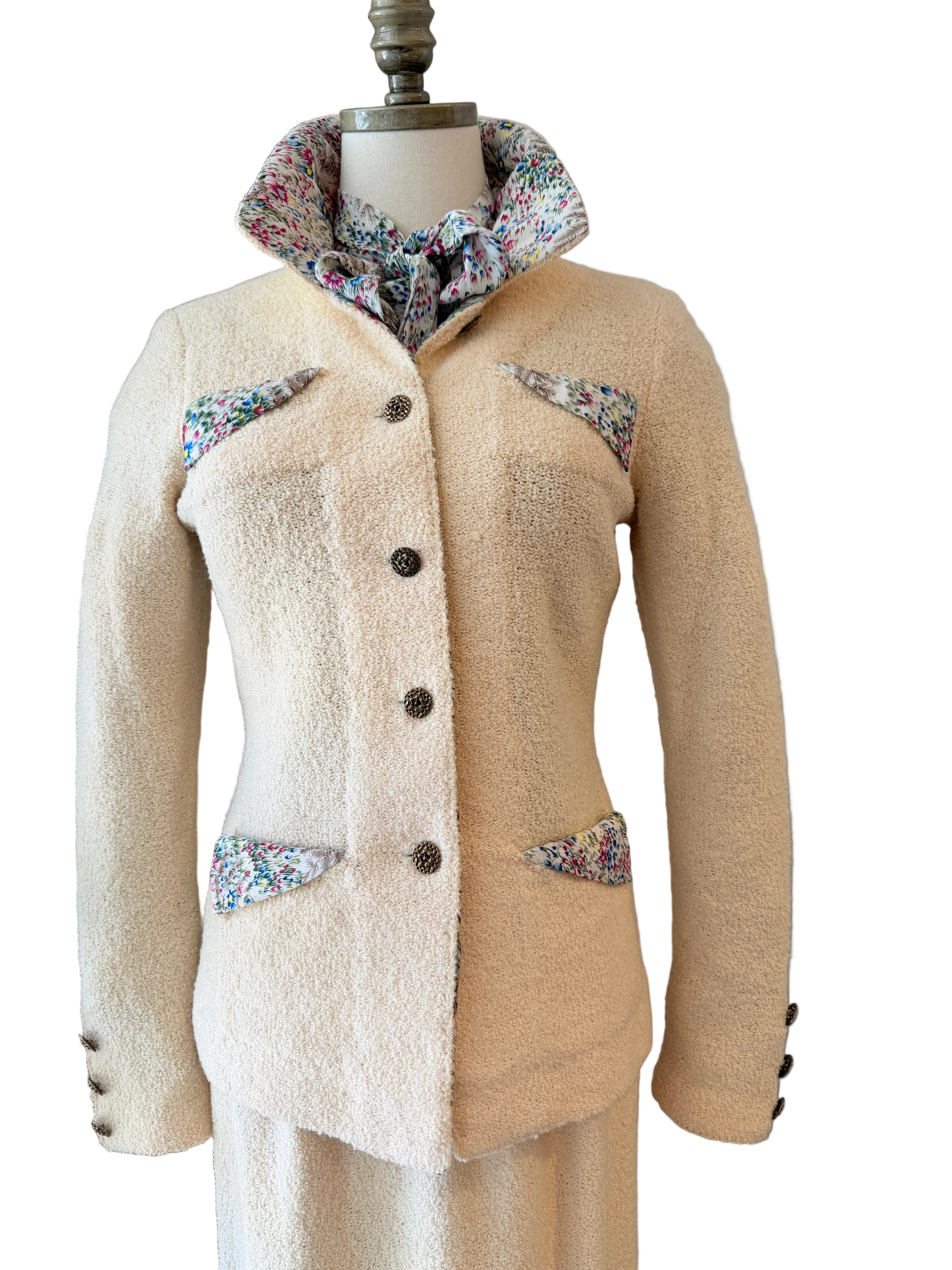 1960s Adolfo Ivory Knit Four-Piece Suit Ensemble with Silk Floral Collar, Brutalist Brass Buttons & Hat
