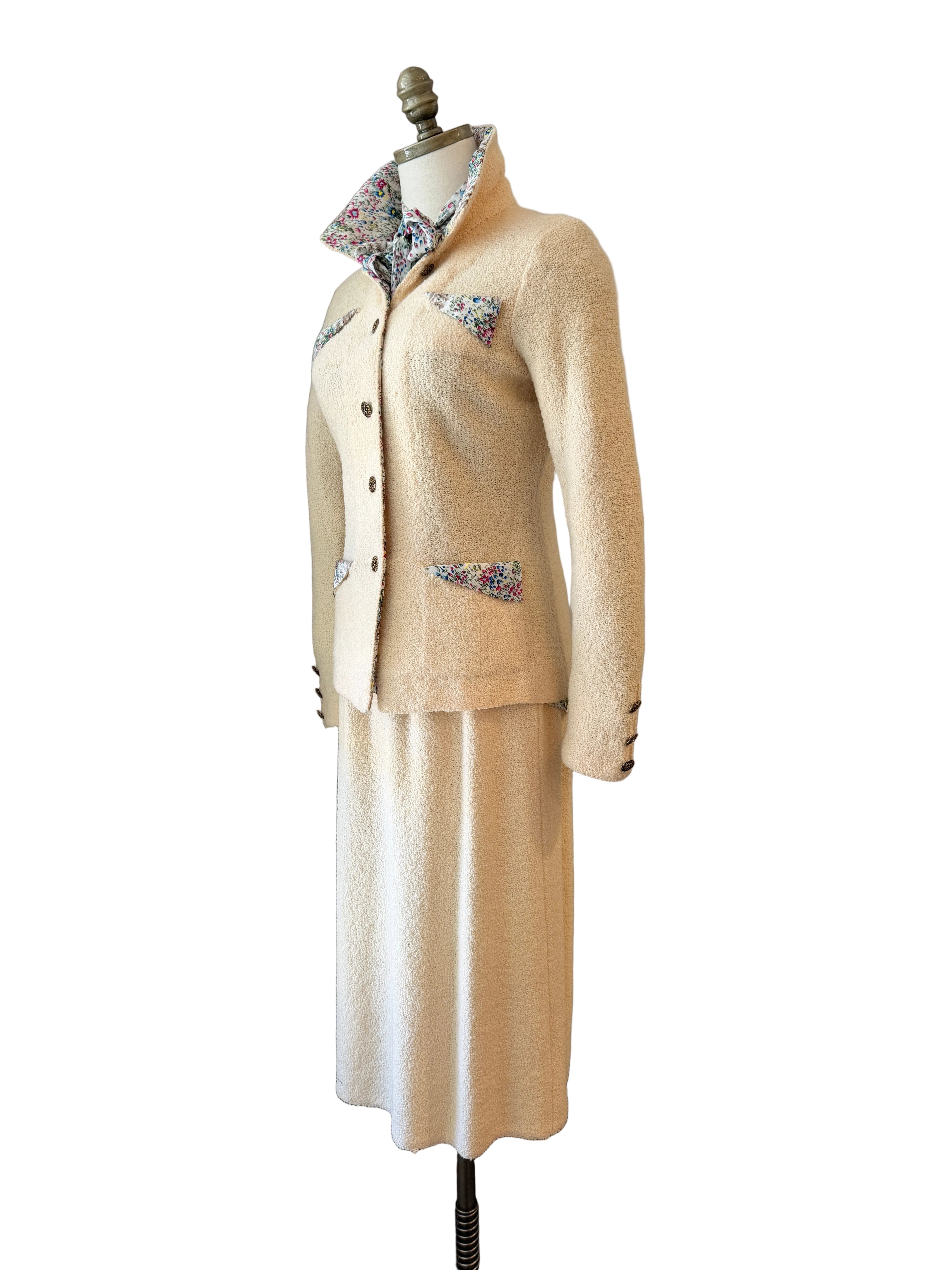 1960s Adolfo Ivory Knit Four-Piece Suit Ensemble with Silk Floral Collar, Brutalist Brass Buttons & Hat