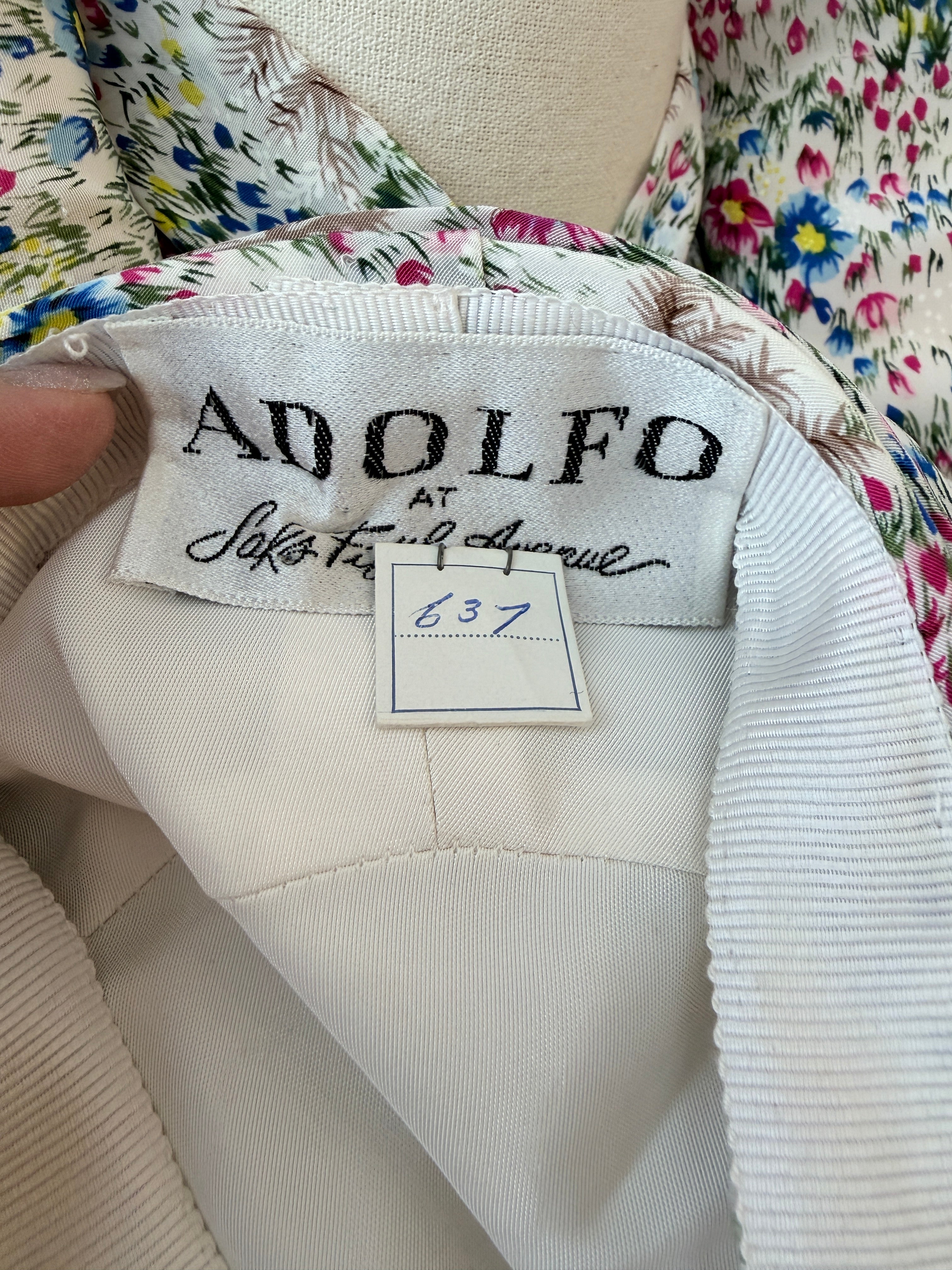 1960s Adolfo Ivory Knit Four-Piece Suit Ensemble with Silk Floral Collar, Brutalist Brass Buttons & Hat