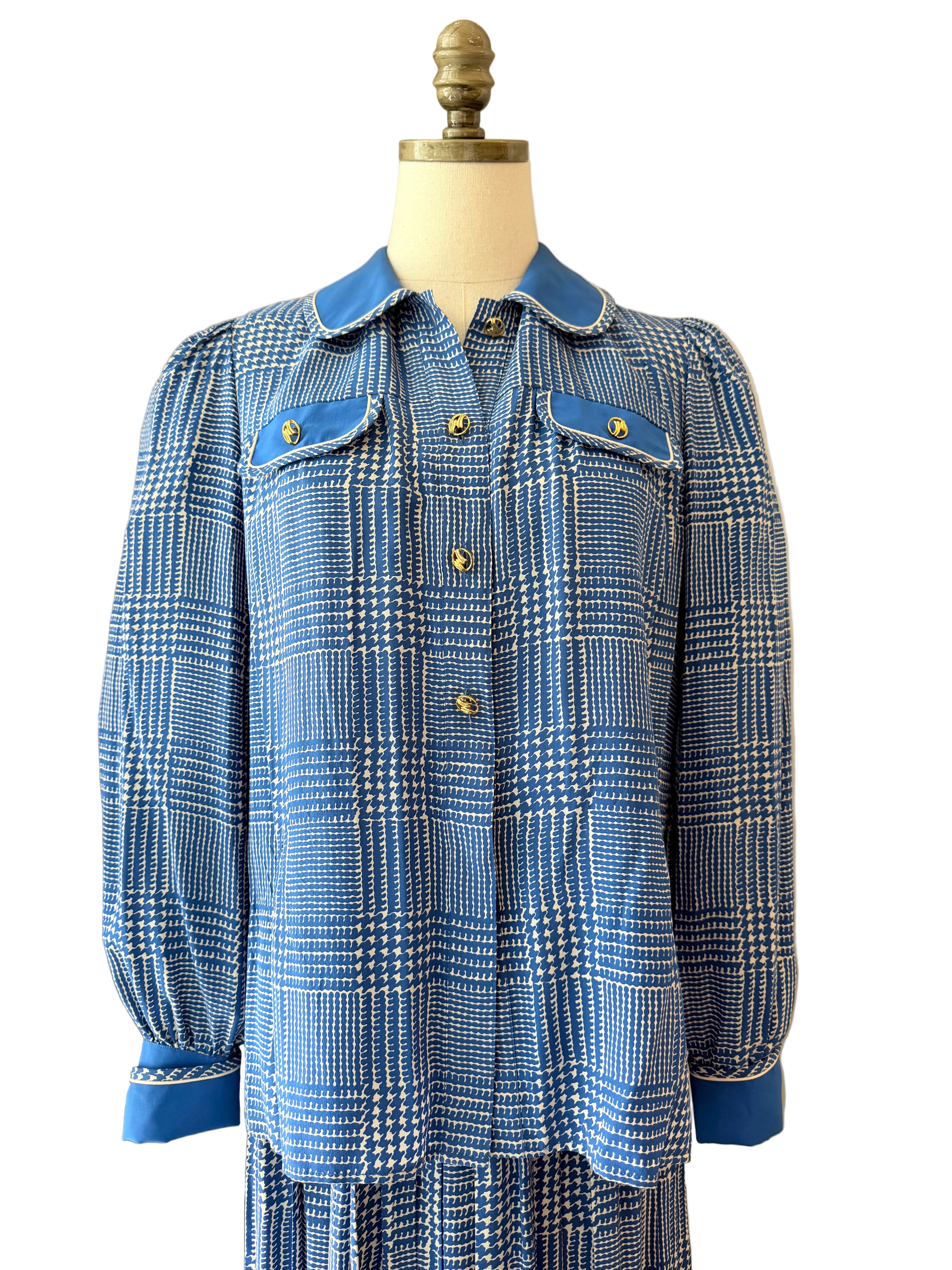 1960s Adolfo Royal Blue Three-Piece Skirt Suit with Silk Herringbone Details